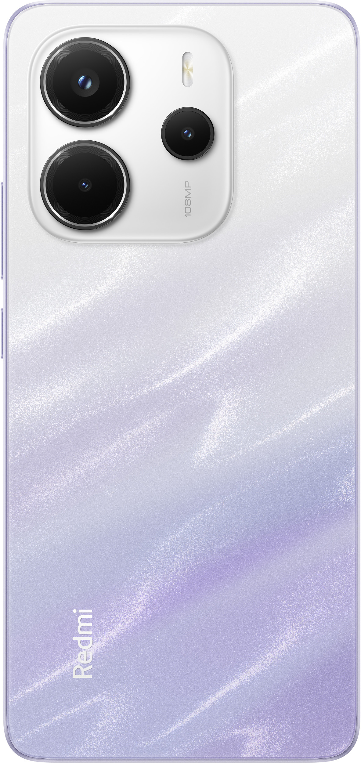 Tył fioletowego telefonu z aparatem i logo Redmi.