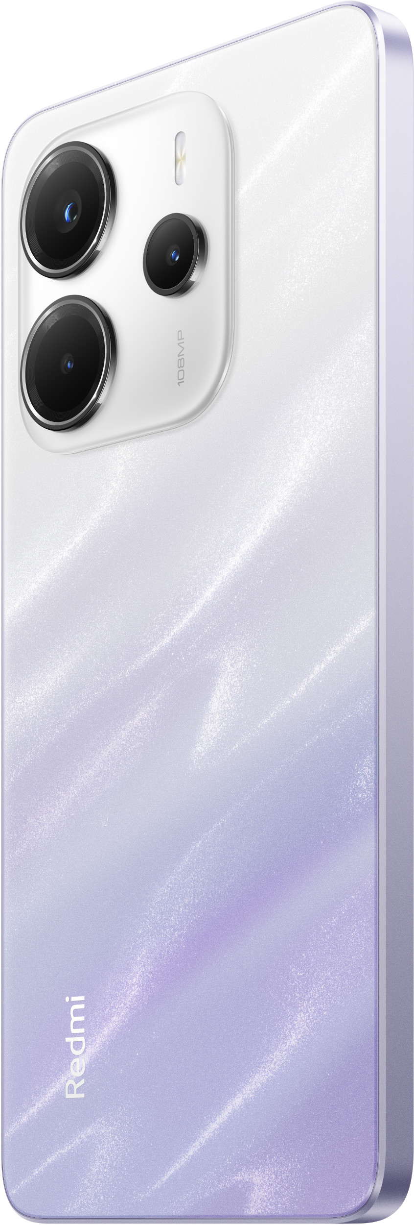 Fioletowy smartfon z trzema tylnymi aparatami, biało-kremowym tyłem i logo Redmi.