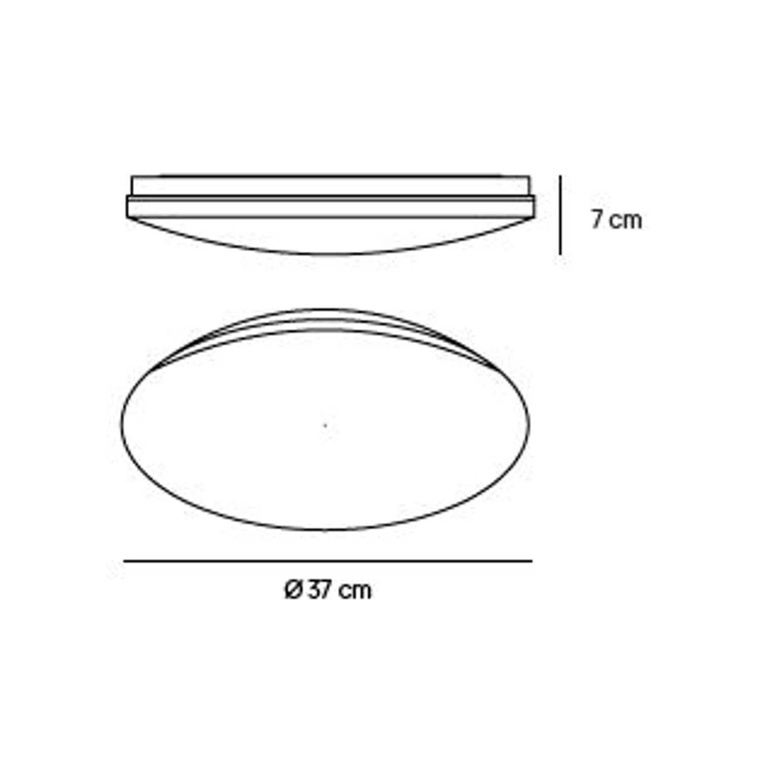 Disegno a linea di una plafoniera circolare con dimensioni: 37 cm di diametro, 7 cm di altezza.