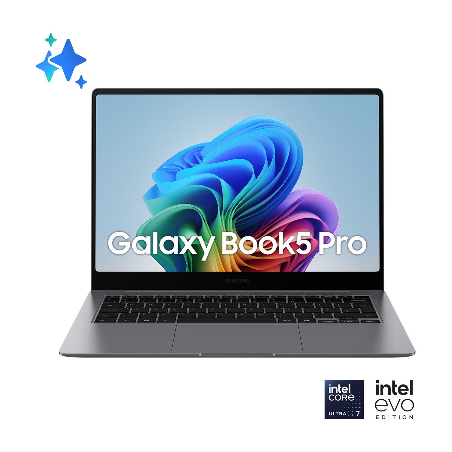 Laptop con una stella blu e verde. Lo schermo mostra il testo 'Galaxy Book5 Pro'.