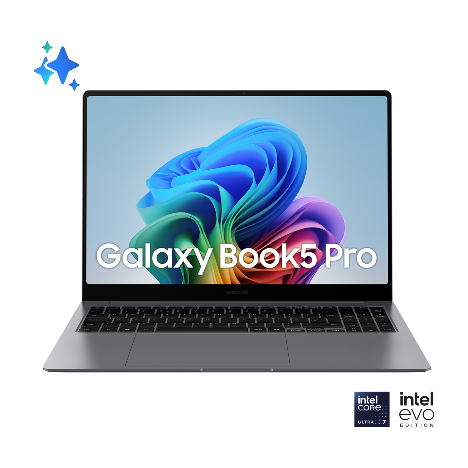 Laptop Samsung Galaxy Book5 Pro. Lo schermo mostra immagini e testo colorati.