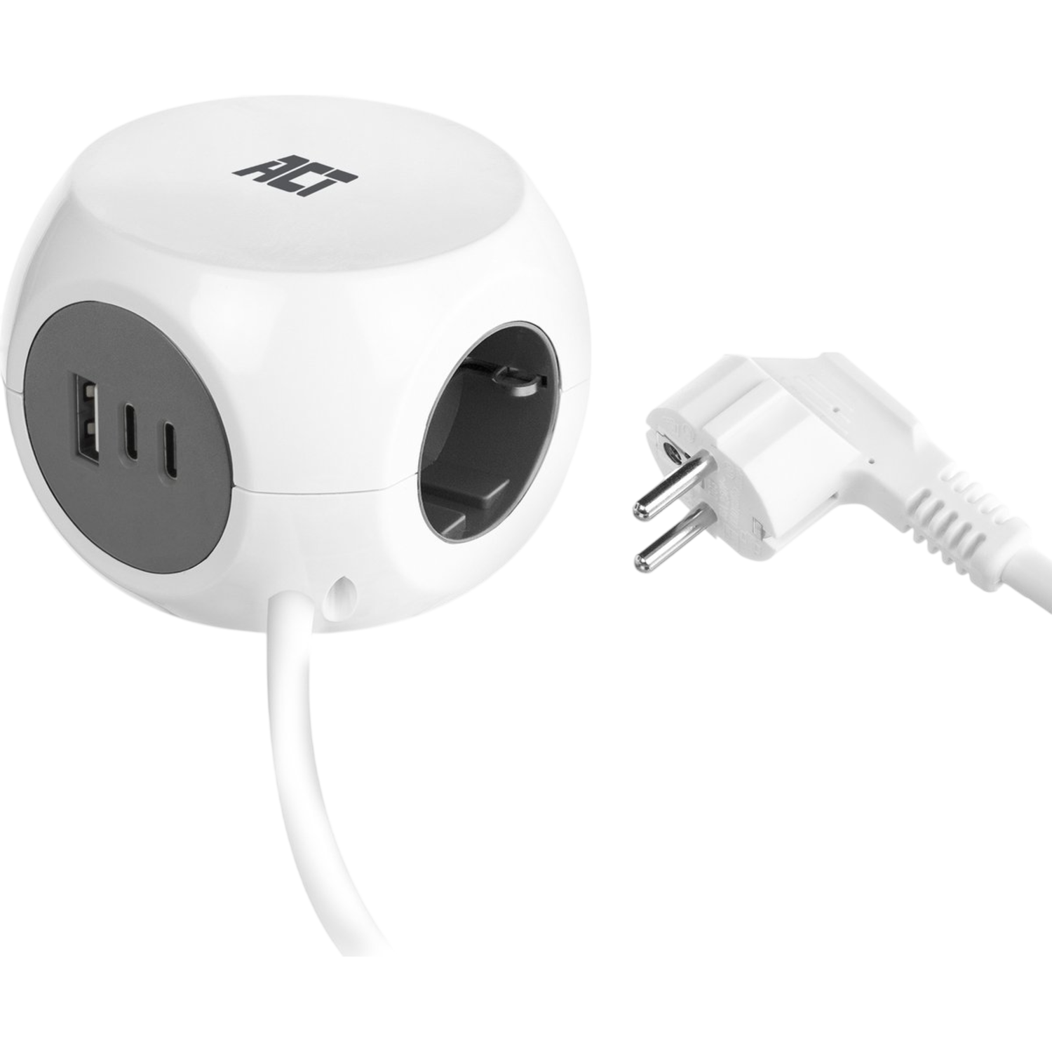 Witte kubus stekkerdoos met stopcontacten, USB-poorten en een aparte stekker.