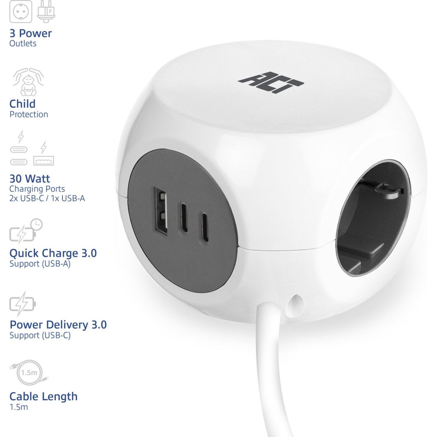 Witte power cube met meerdere USB-poorten en stopcontacten. Tekstlabels zijn inbegrepen.