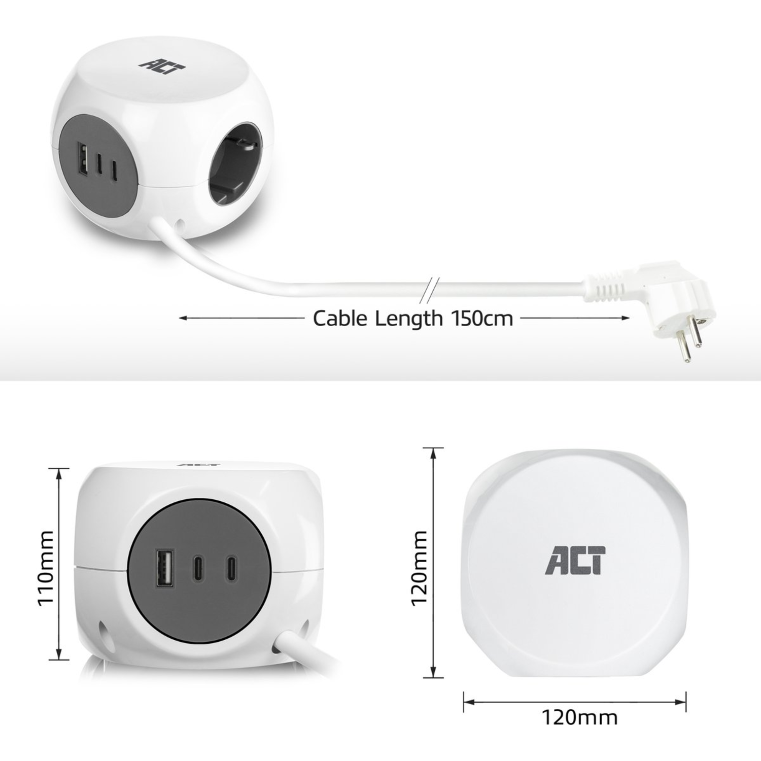 Witte kubusvormige voedingsadapter met USB-poorten, stopcontacten en een kabel van 150 cm, afmetingen getoond.