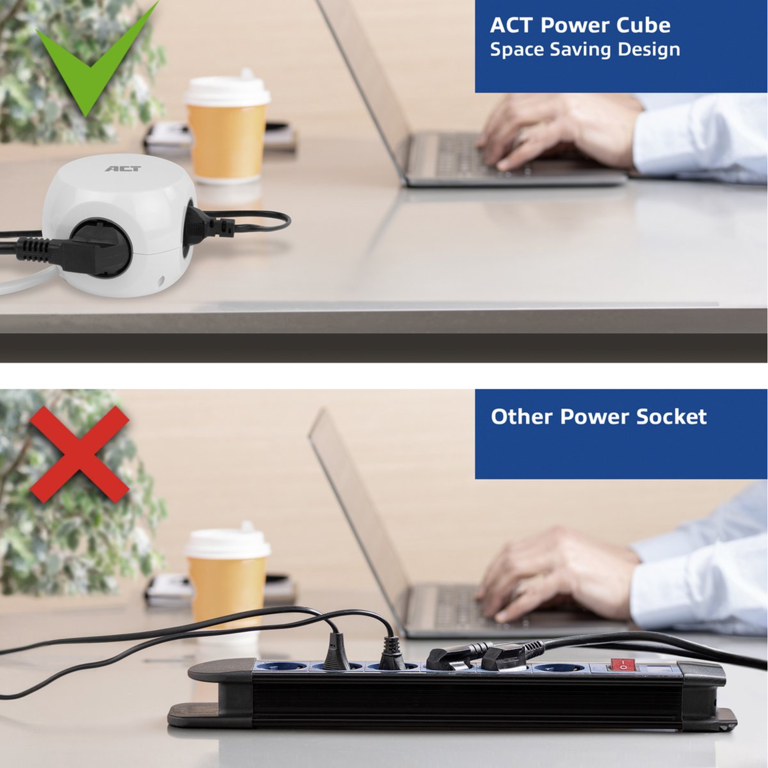 Power cube met stekkers en een vergelijking met een standaard stopcontact.