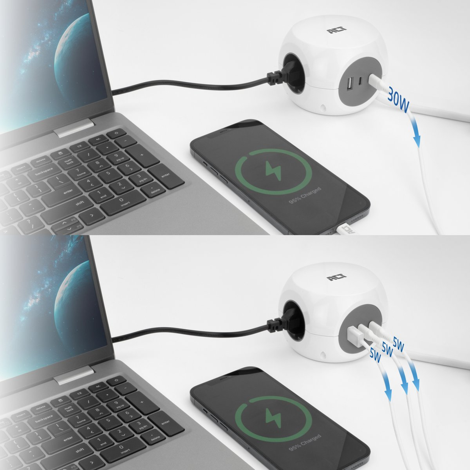 Twee afbeeldingen, laptop laadt telefoon op met een kubuslader.
