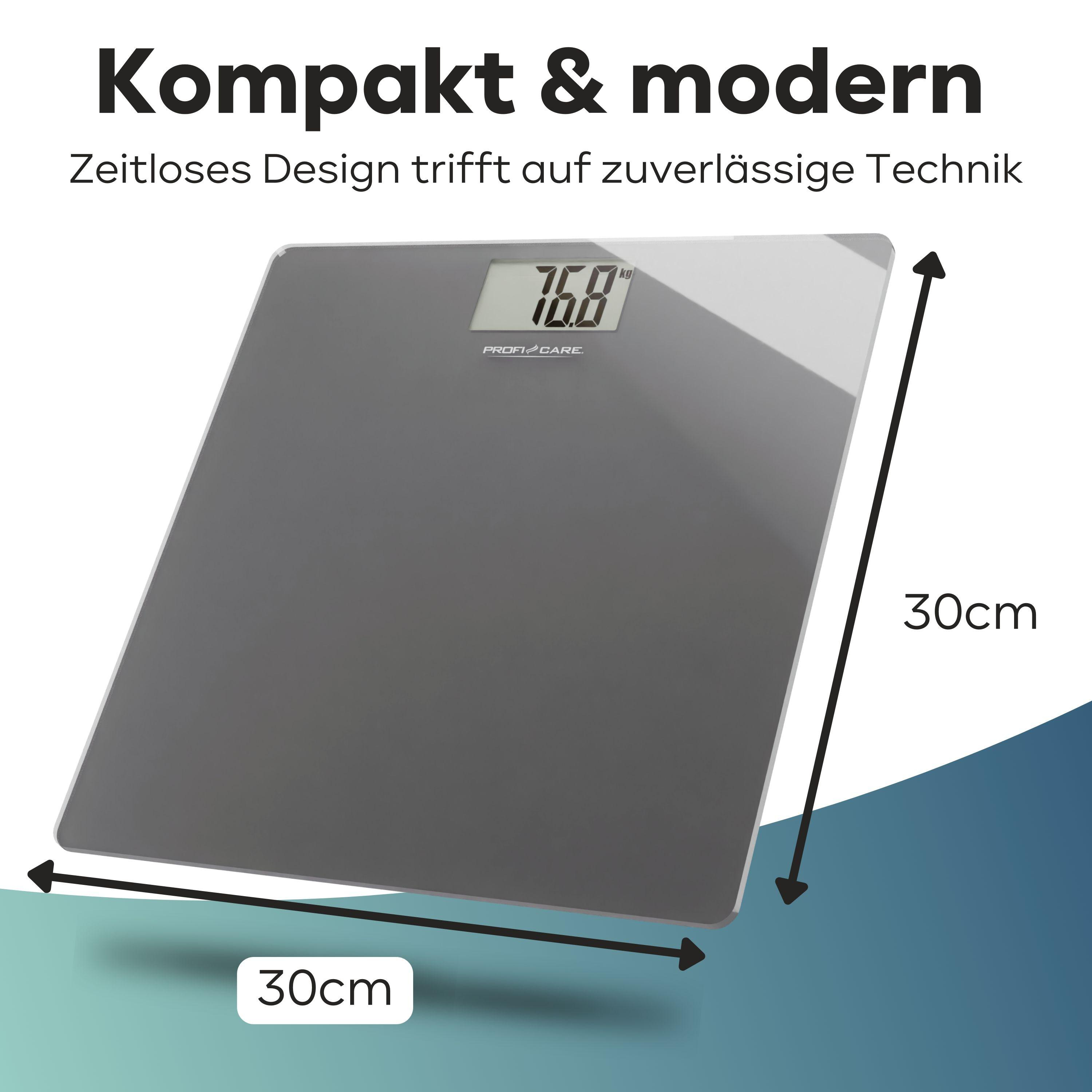 Graue digitale Badezimmerwaage mit Anzeige des Gewichts.