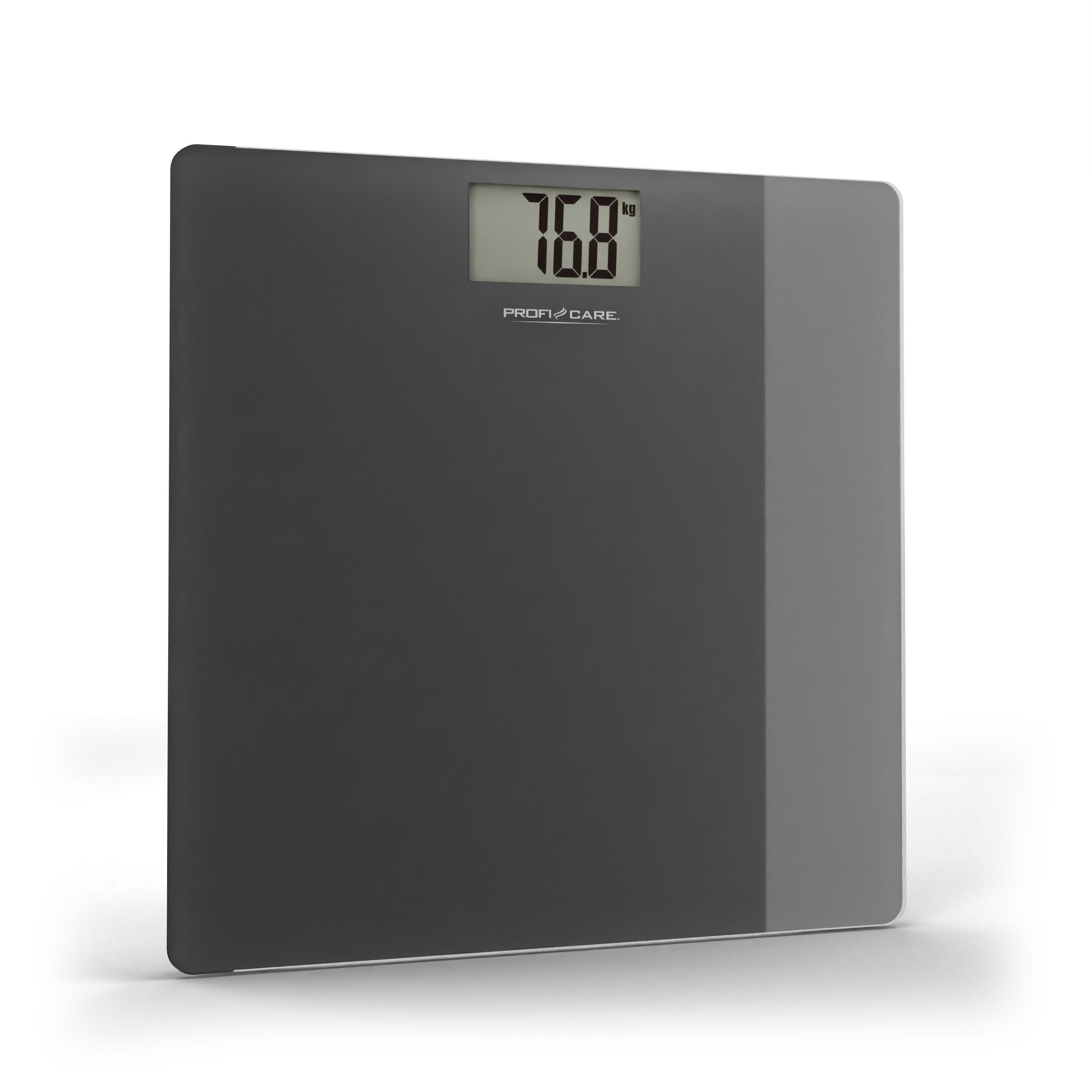 Dunkelgraue Digitalwaage. Anzeige: 76,8 kg. PROFI CARE Logo und graue Skala.