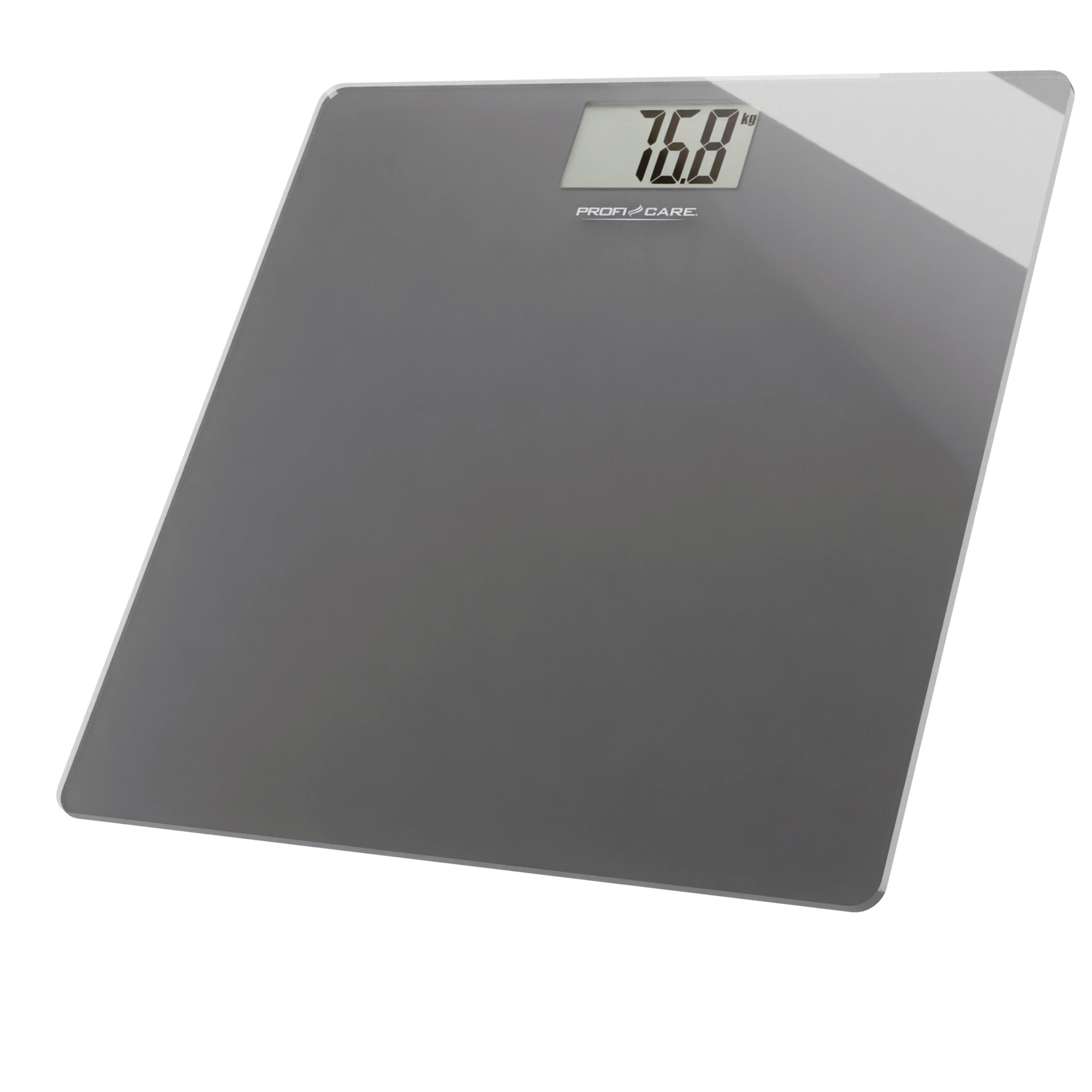 Graue digitale Küchenwaage, zeigt 76,8 kg Gewicht an. Markenname PROFICARE.