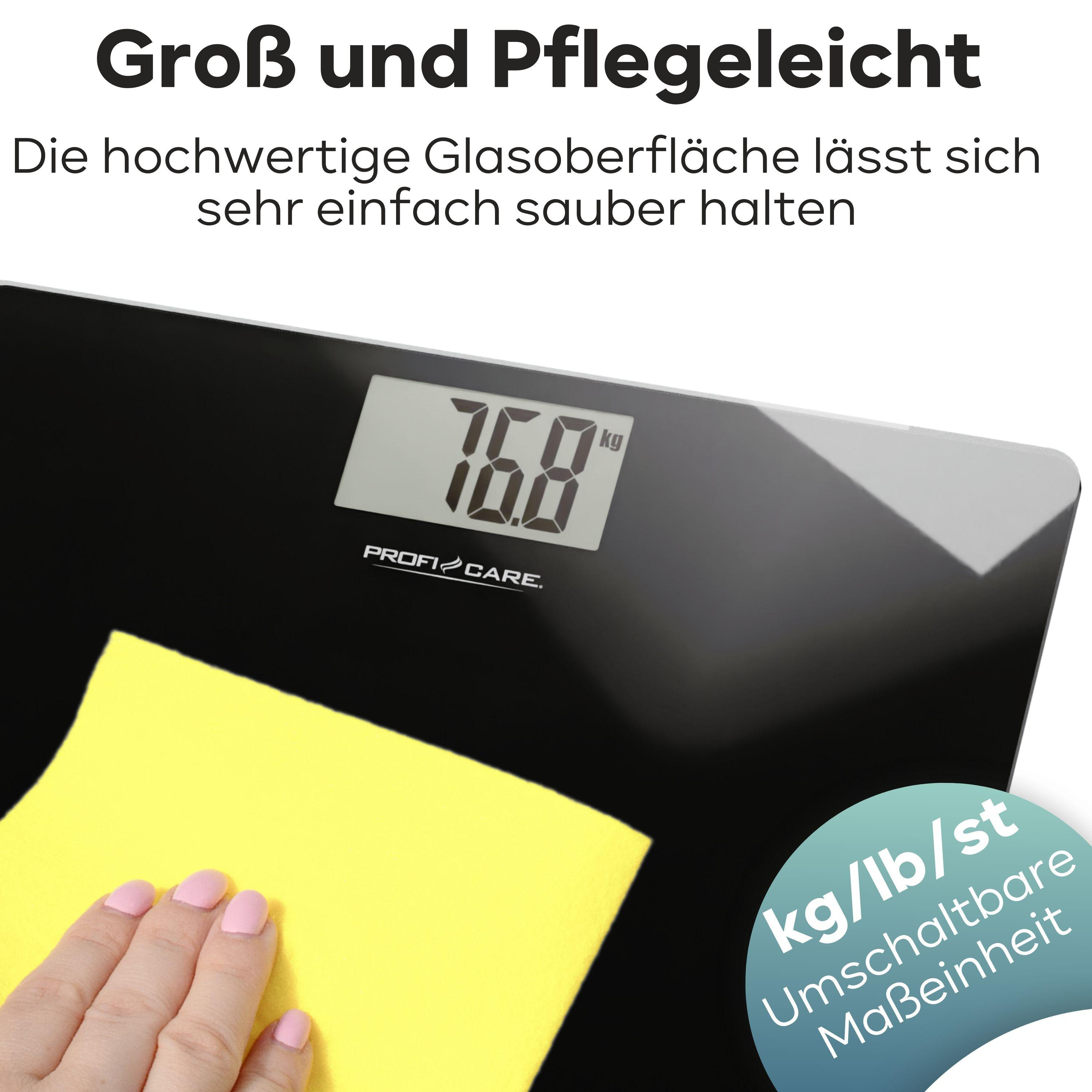 Weiße Digitalwaage, Hand einer Person, die ein gelbes Tuch hält.