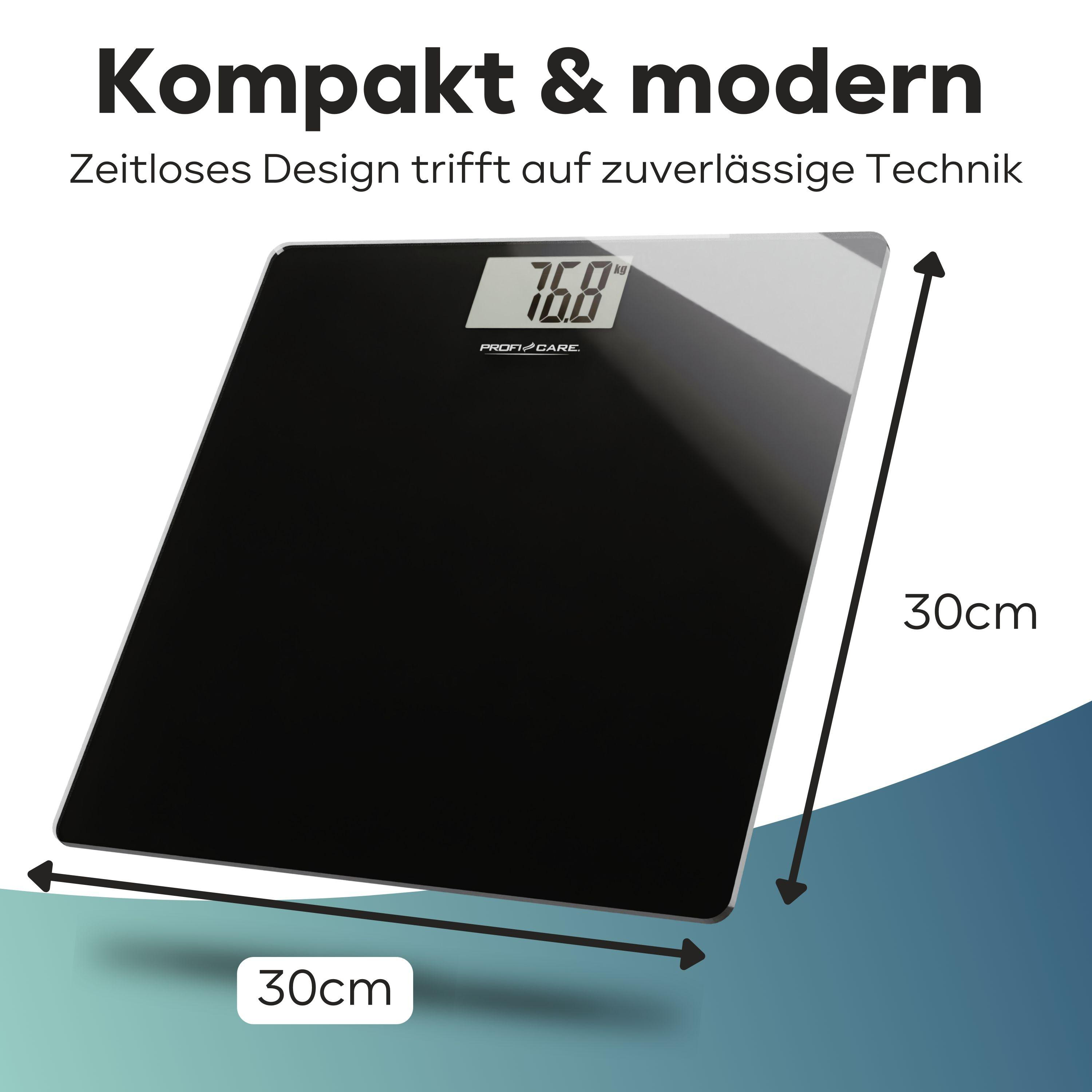 Schwarze und graue Waage. Maße: 30cm x 30cm. Anzeige: 76,8 kg. PROFI CARE Logo.