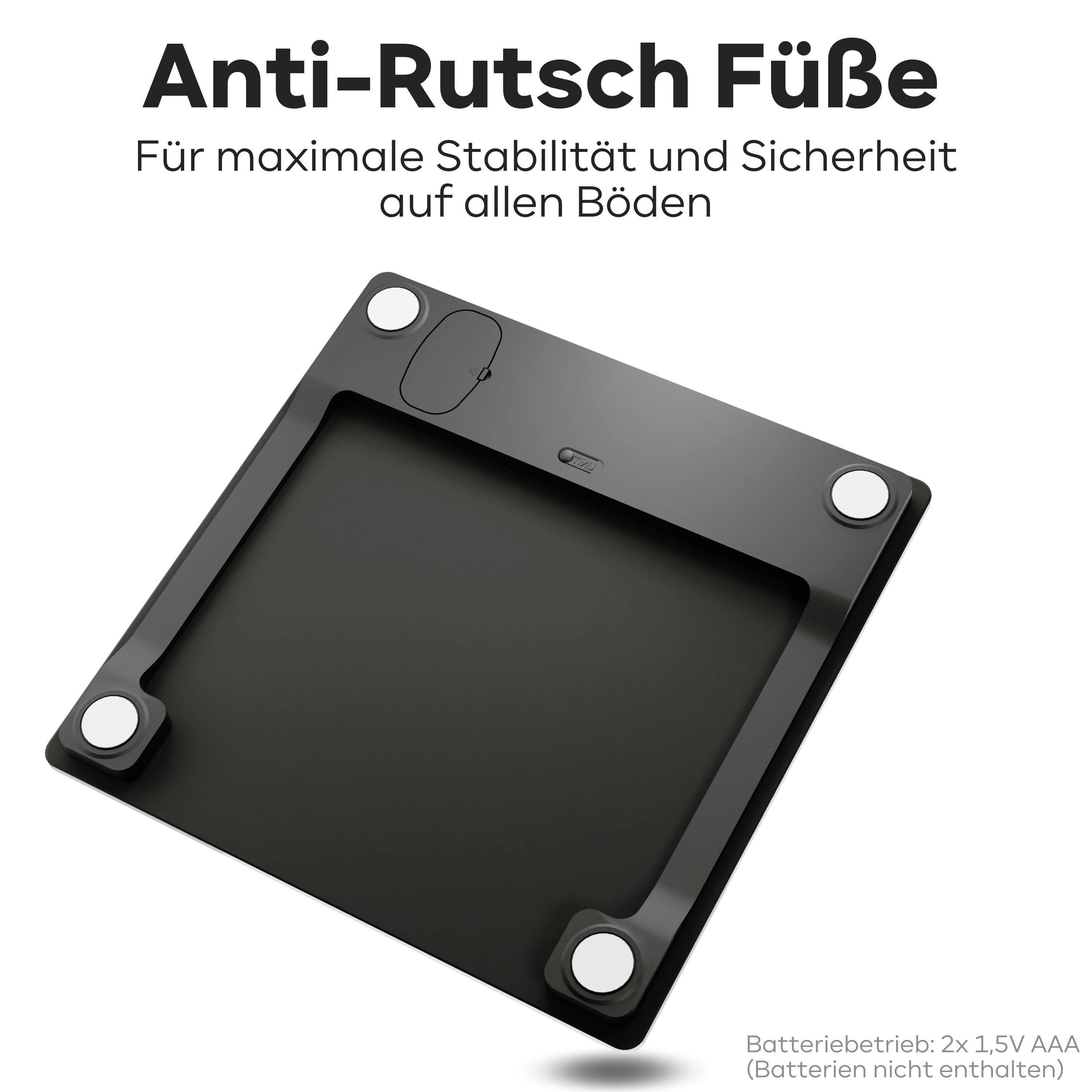Schwarze Digitalwaage mit weißen Kreisen, Text auf Deutsch, weißer Hintergrund.