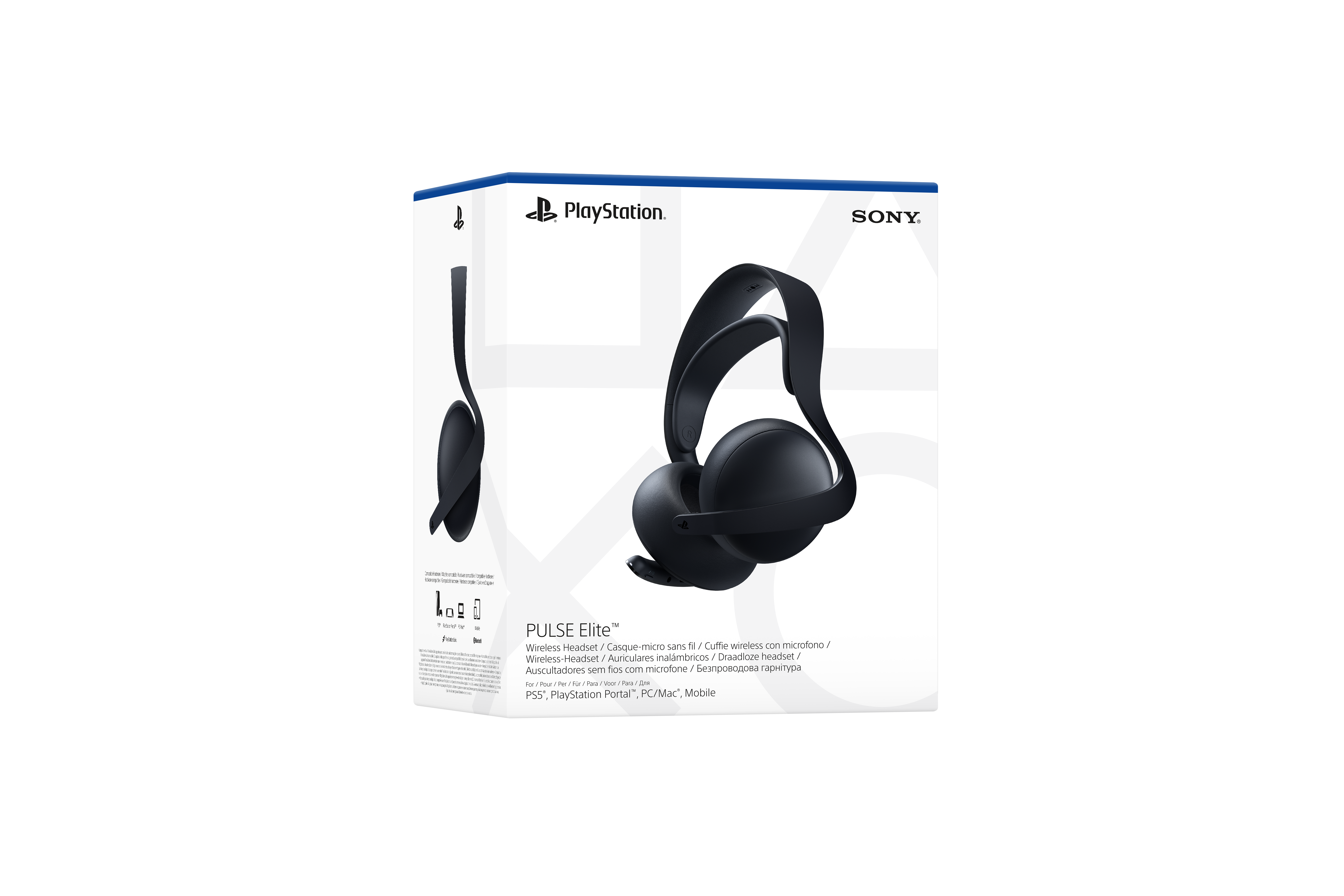 Schwarze PlayStation PULSE Elite kabellose Kopfhörer in einer Box, mit Markenname.