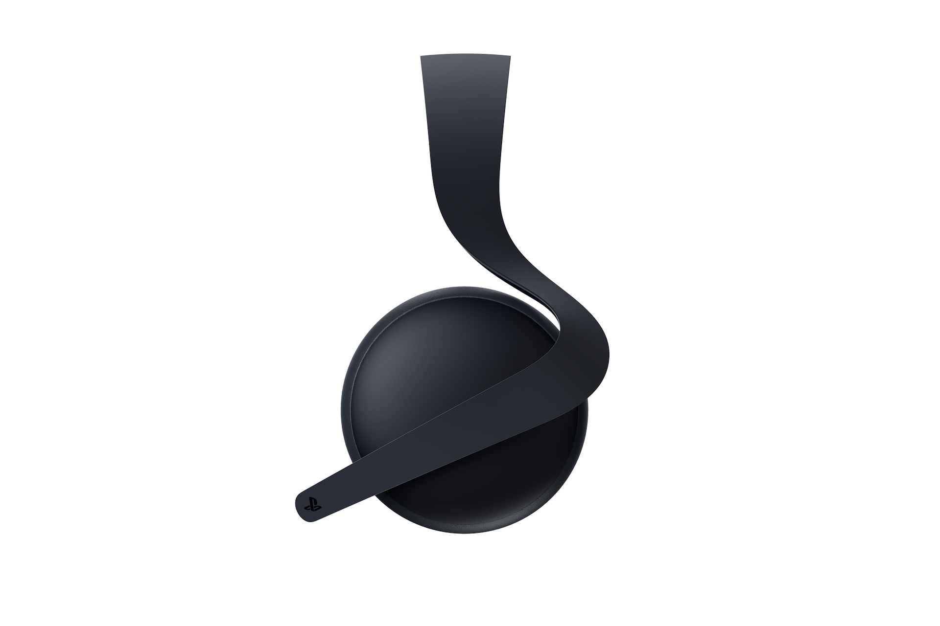 Schwarze PlayStation-Kopfhörer, Seitenansicht. Schwarzer Hintergrund.