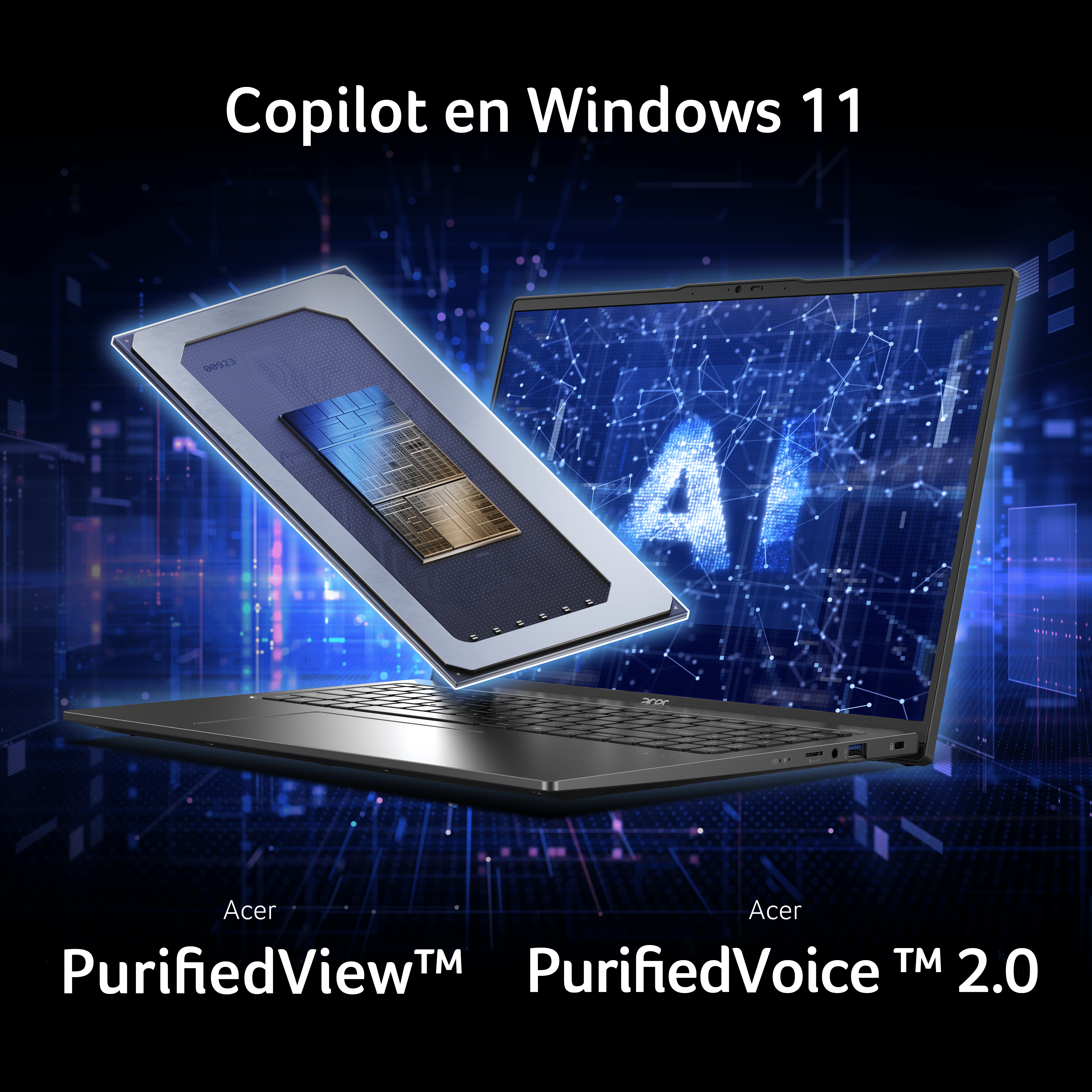 Portátil Acer con Copilot en Windows 11 y funciones Acer PurifiedView y PurifiedVoice 2.0.