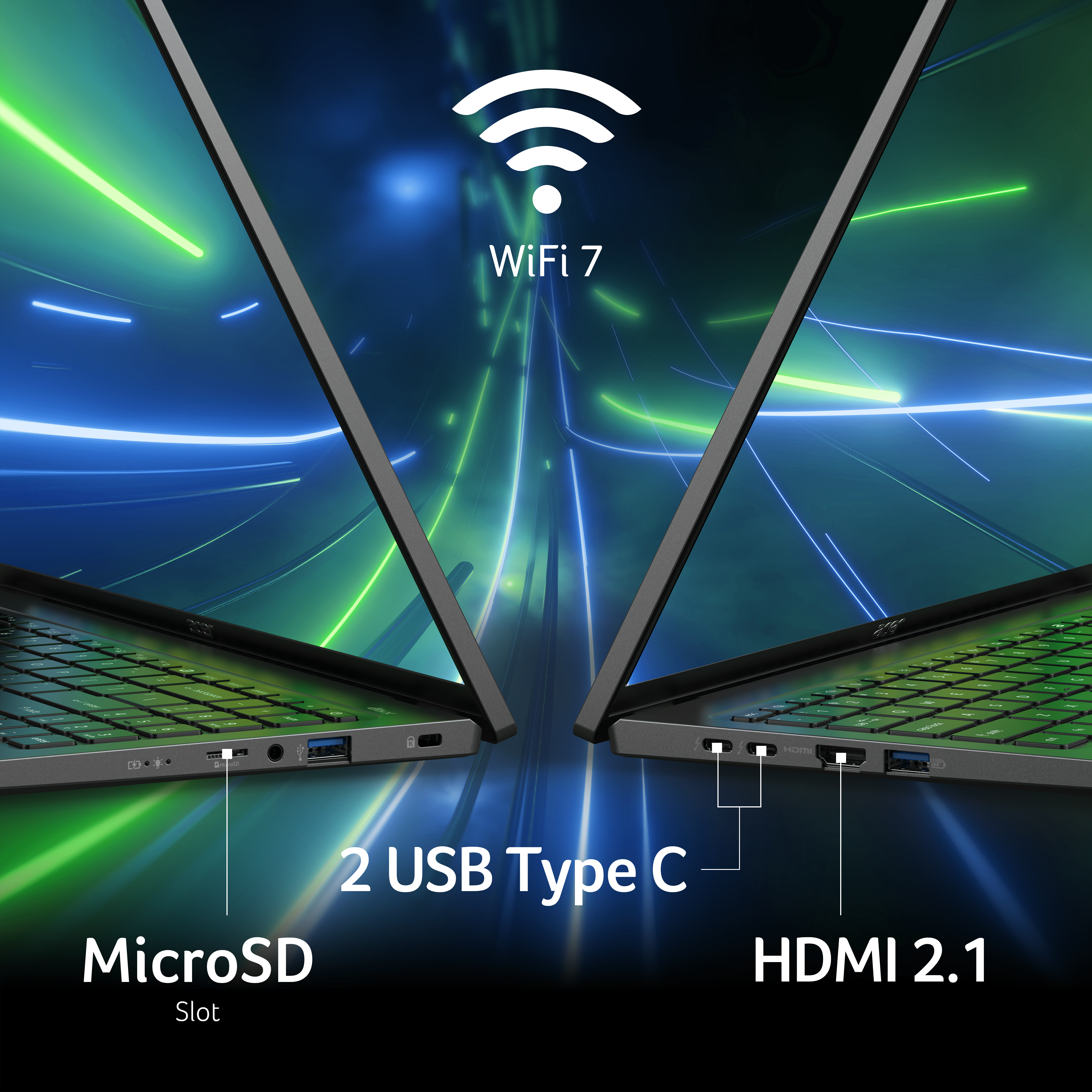 Dos portátiles con logo WiFi 7, puertos: 2 USB Tipo C, MicroSD y HDMI.