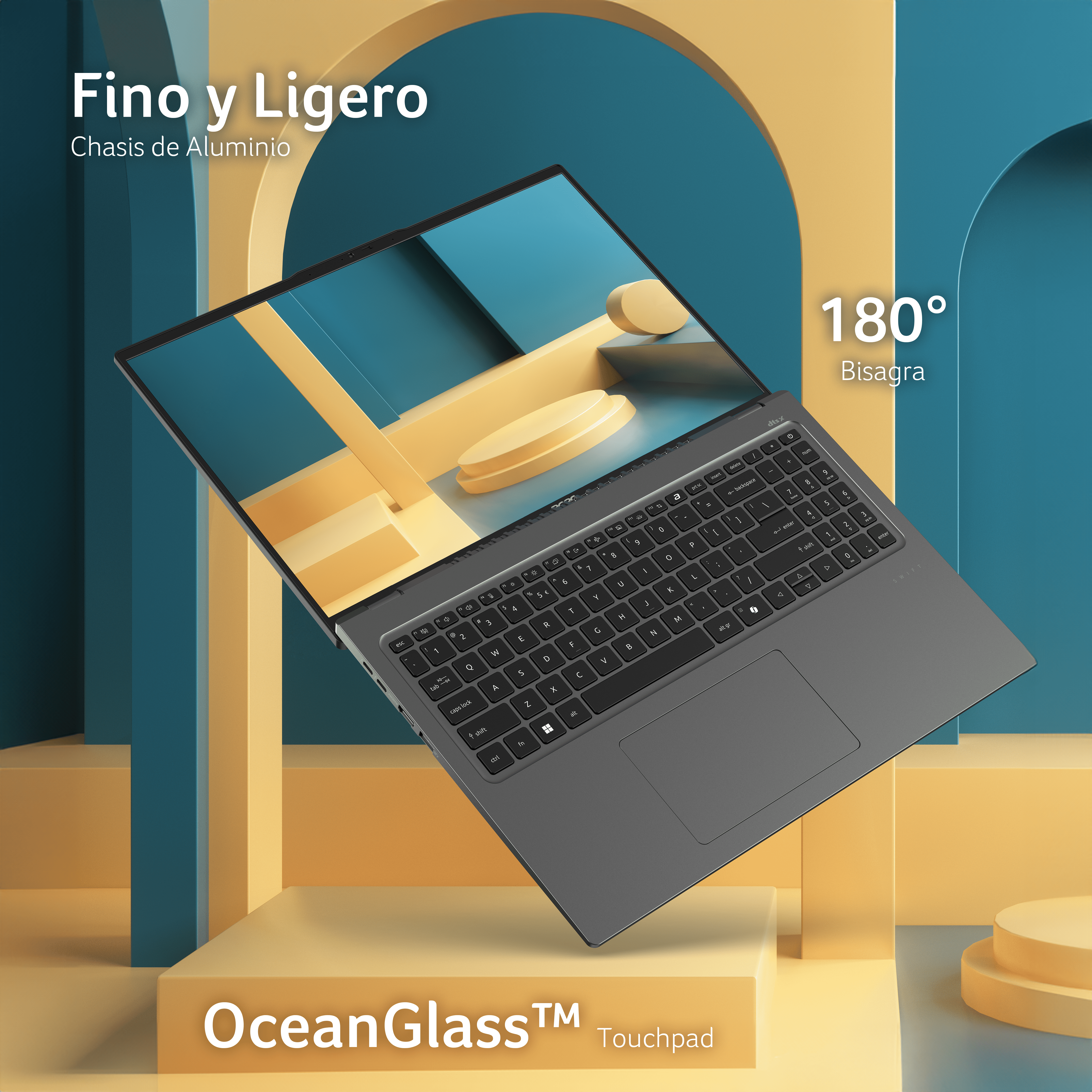 Ordenador portátil abierto, con bisagra de 180 grados y fondo amarillo y azul.