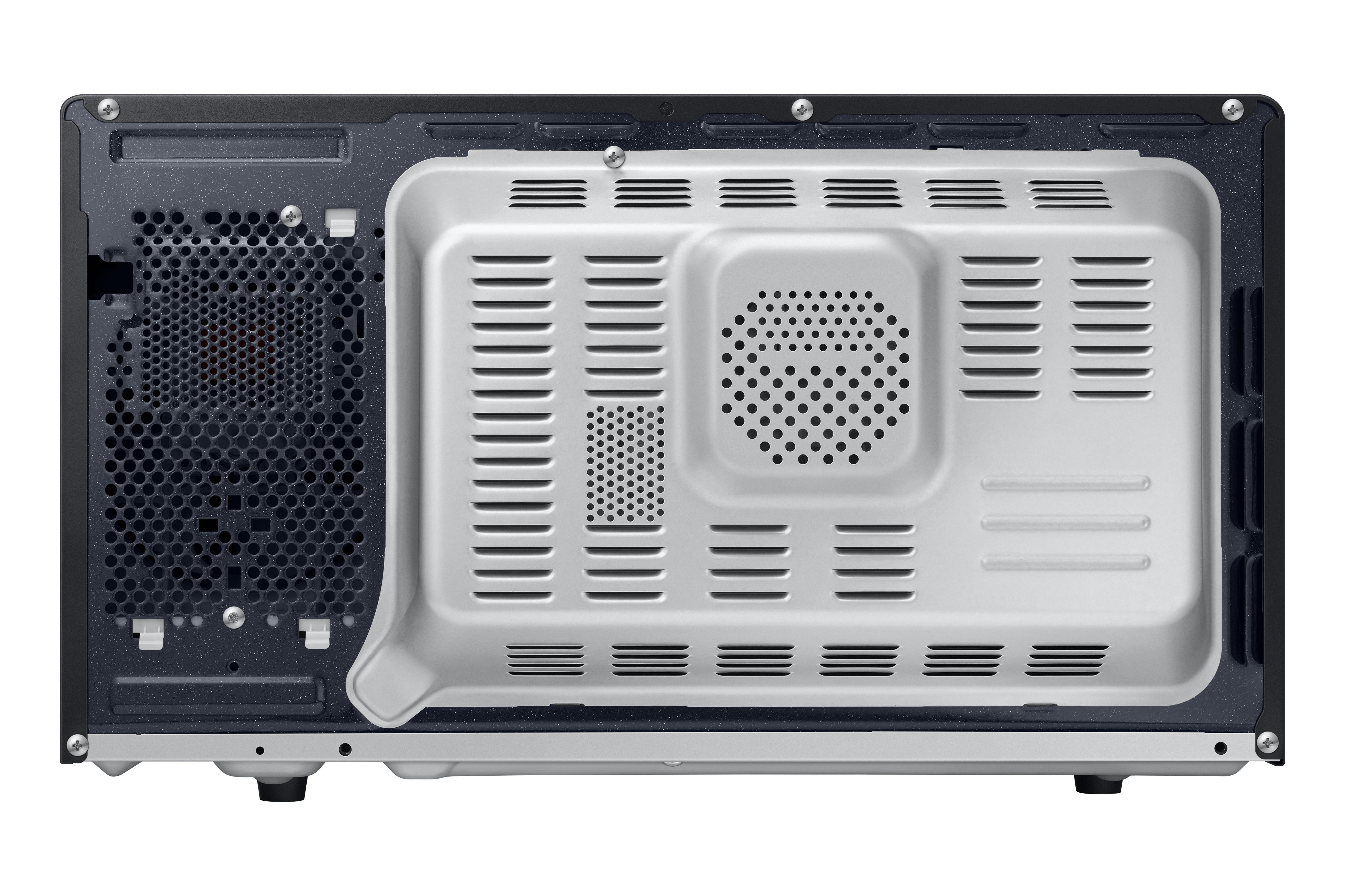 Rückansicht einer Mikrowelle. Hat eine Entlüftung, interne Komponenten und ein weißes Fach.