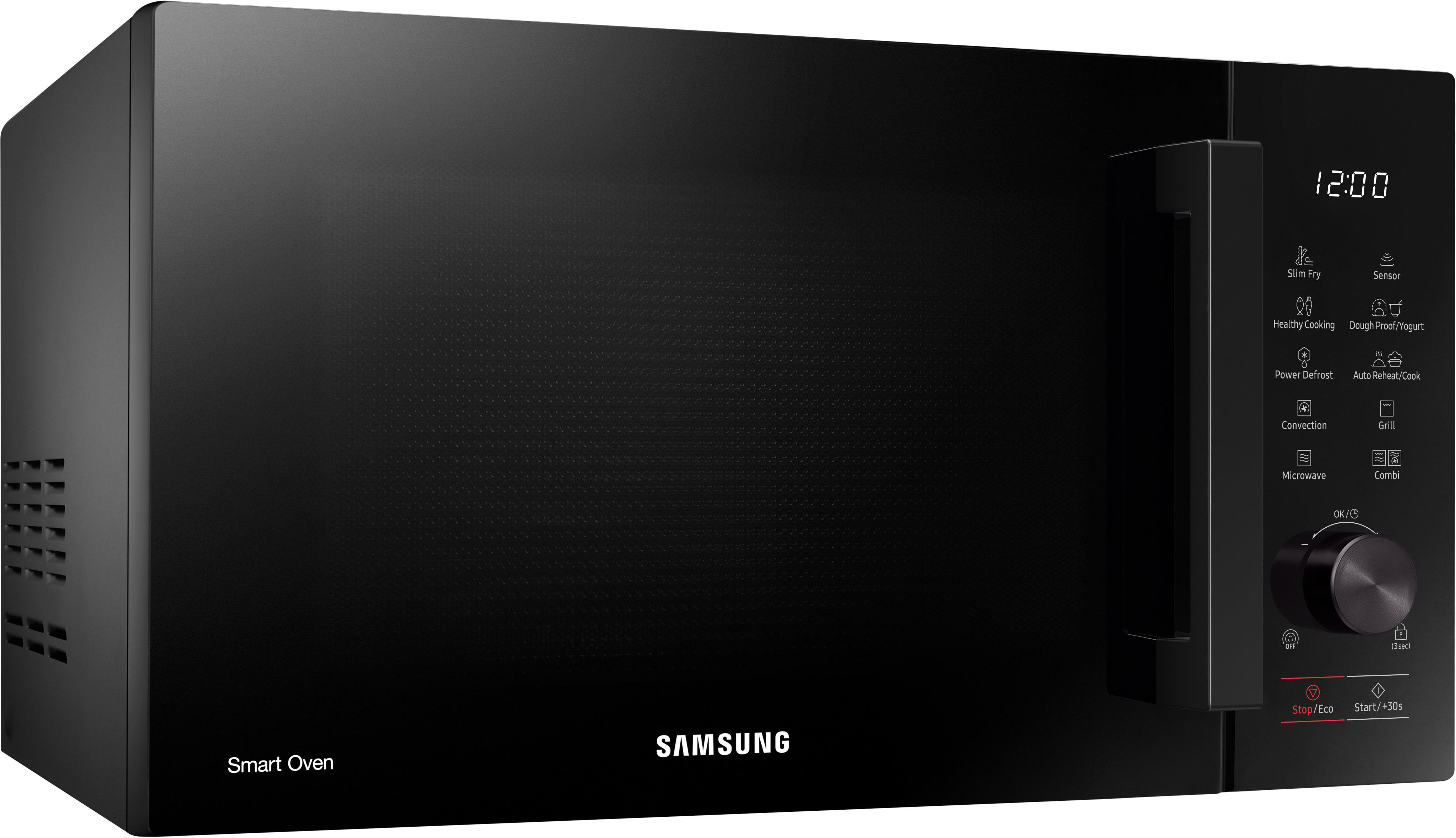 Schwarzer Samsung Smart Oven mit Bedienfeld und Uhr.