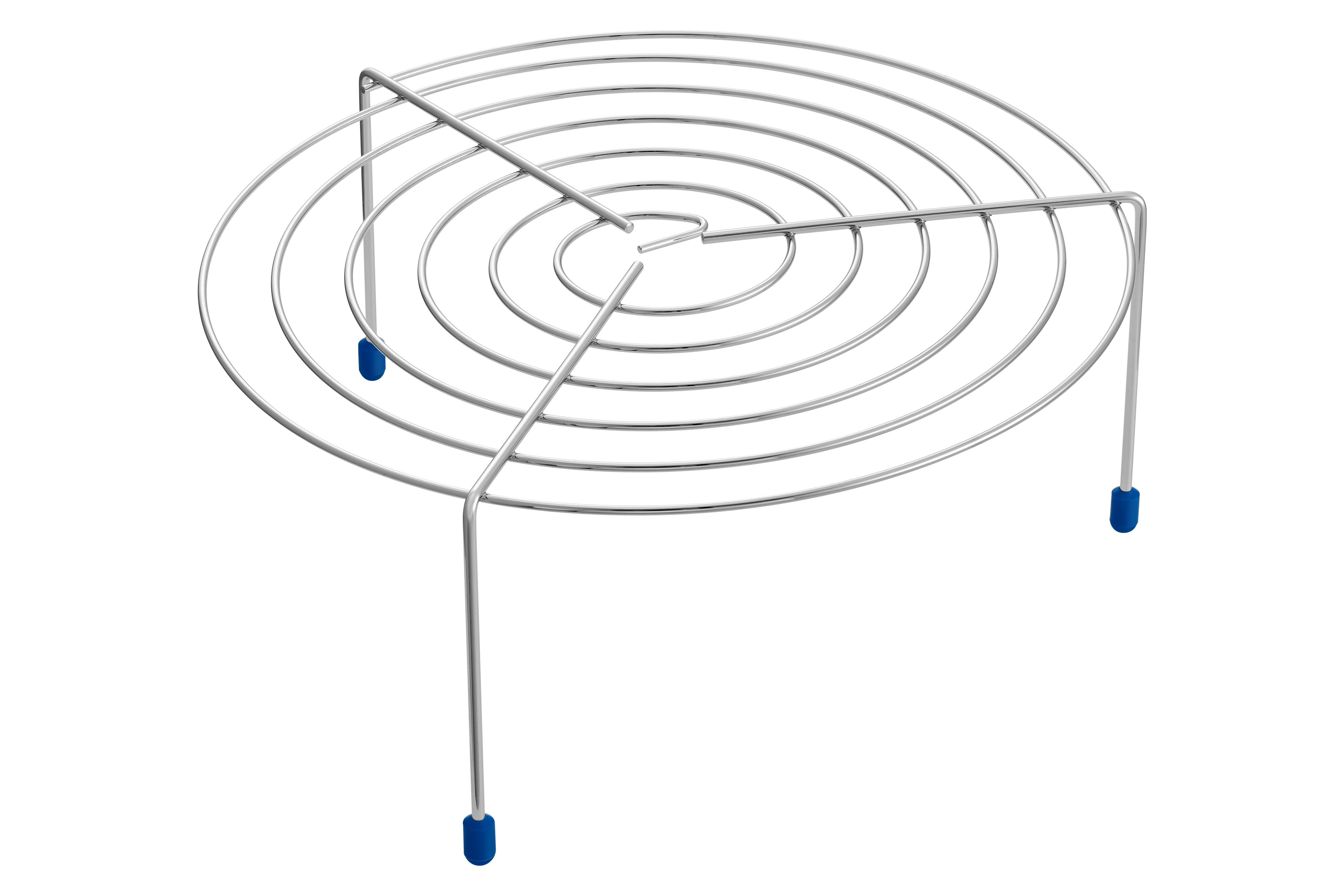 Ein silberfarbener Drahtrost mit drei Beinen für eine Mikrowelle.