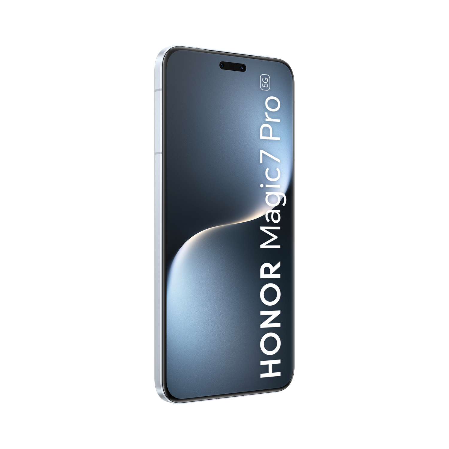 Teléfono con la pantalla Honor Magic7 Pro que muestra una pantalla curva sobre un fondo negro.