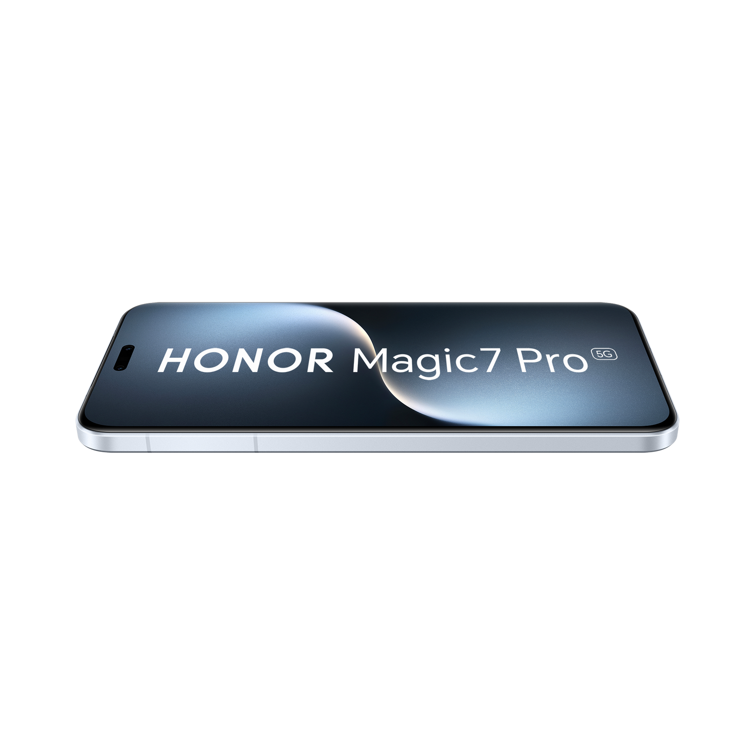 Pantalla de teléfono con texto Honor Magic7 Pro. La pantalla es curva y muestra un diseño nublado.