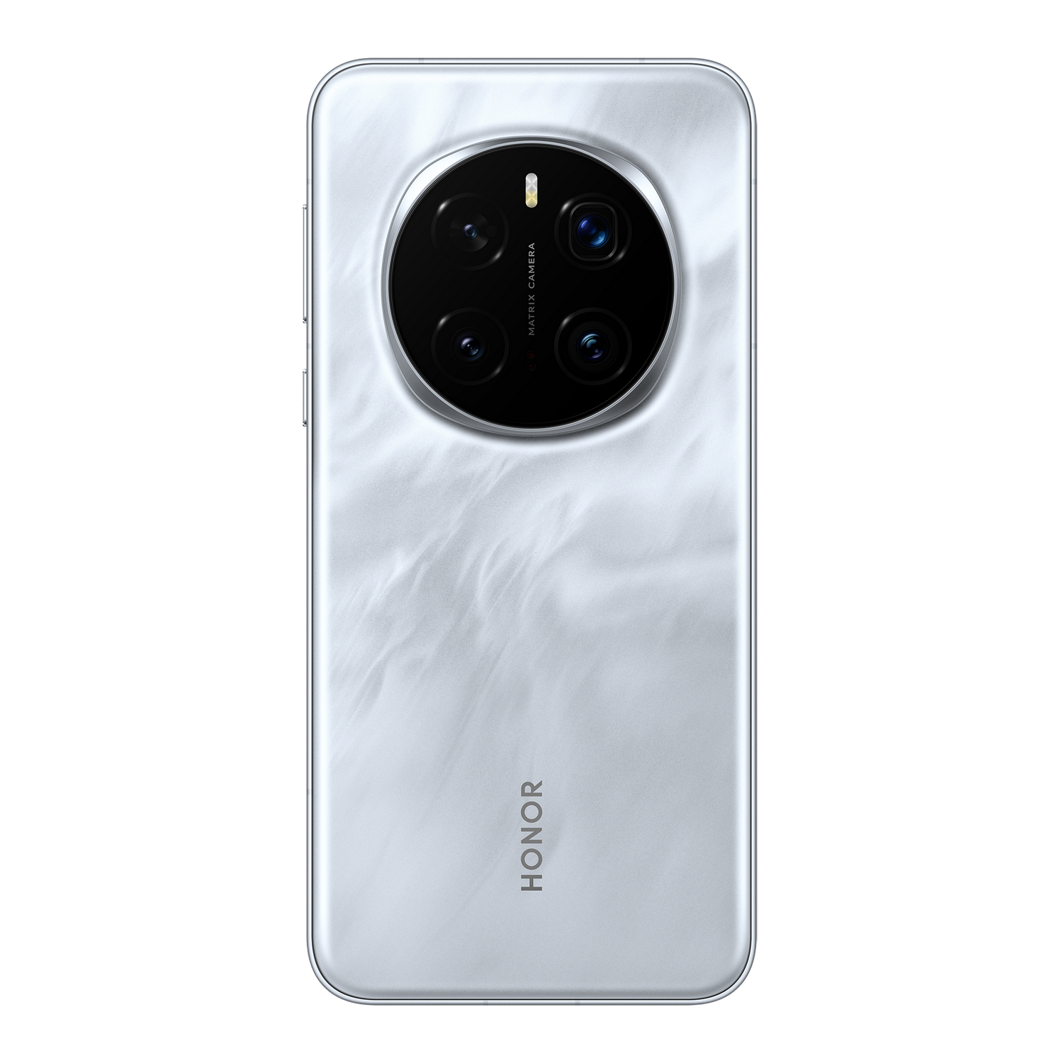 Parte trasera de un teléfono blanco con un conjunto de cámaras prominente y el logotipo de HONOR.