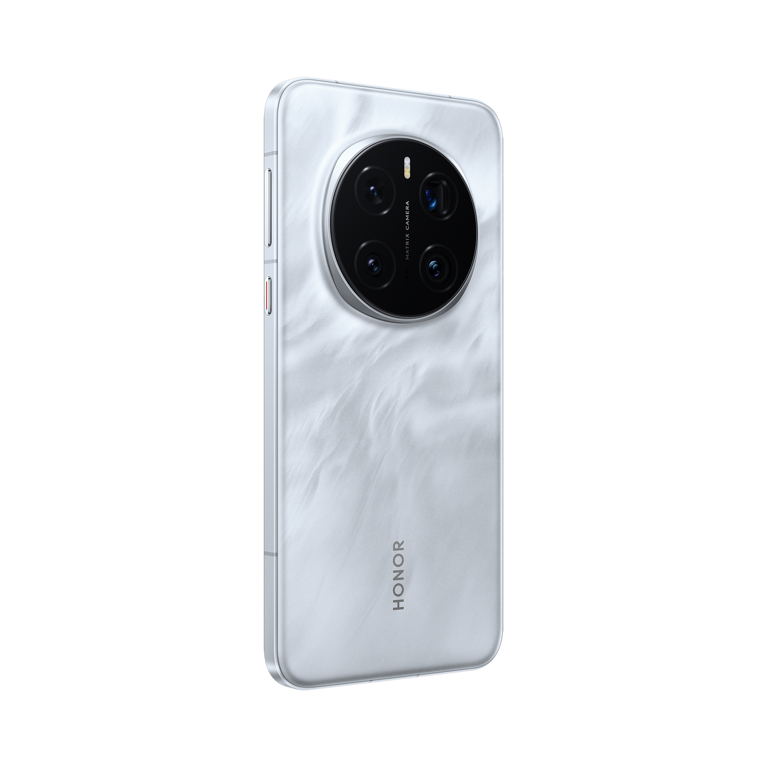 Parte trasera de teléfono blanco con módulo de cámara grande. Fondo negro.