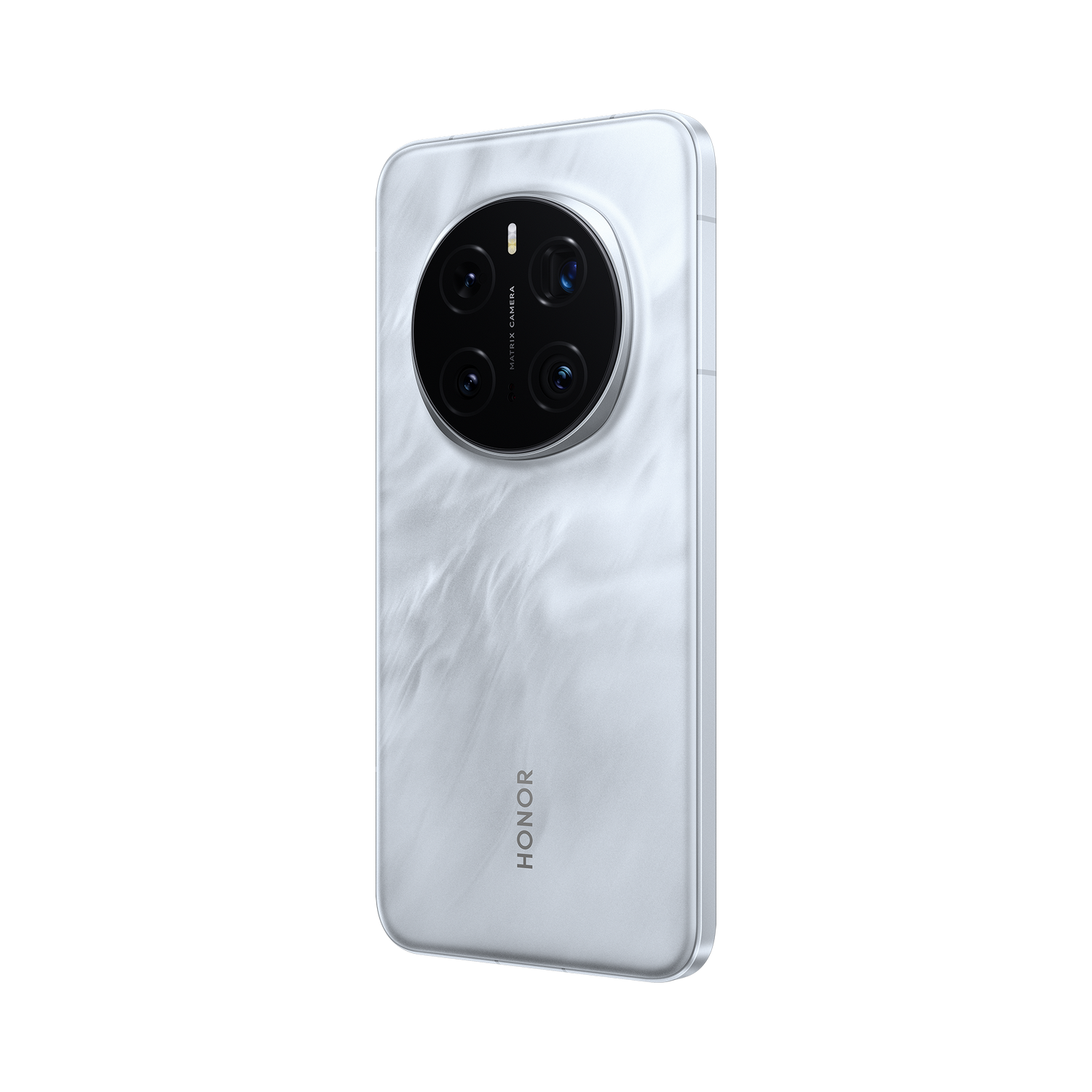 Teléfono blanco con parte trasera con patrón de mármol y una gran matriz de cámaras. La palabra HONOR es visible.