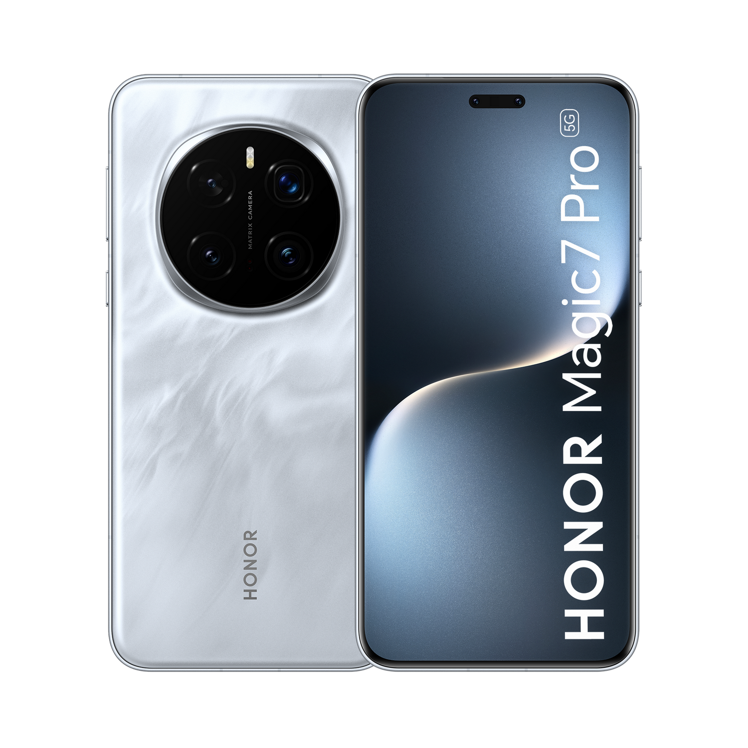 Smartphone Honor Magic7 Pro 5G blanco y plateado, mostrando la configuración de la cámara.