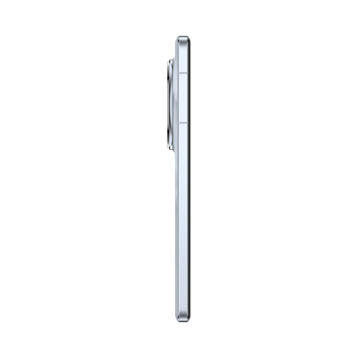 Perfil lateral de un teléfono blanco. El teléfono tiene un marco plateado y una parte trasera con patrón de mármol.