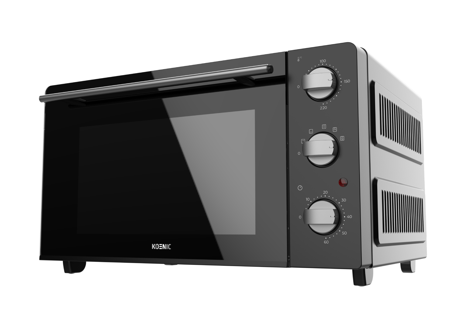 Horno negro con puerta de vidrio y perillas de control, sobre fondo blanco, vista lateral.