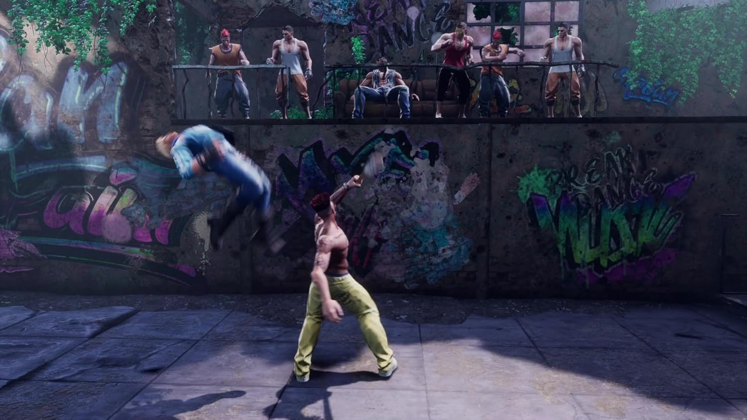 Una escena de videojuego de dos hombres peleando con fondo de graffiti.