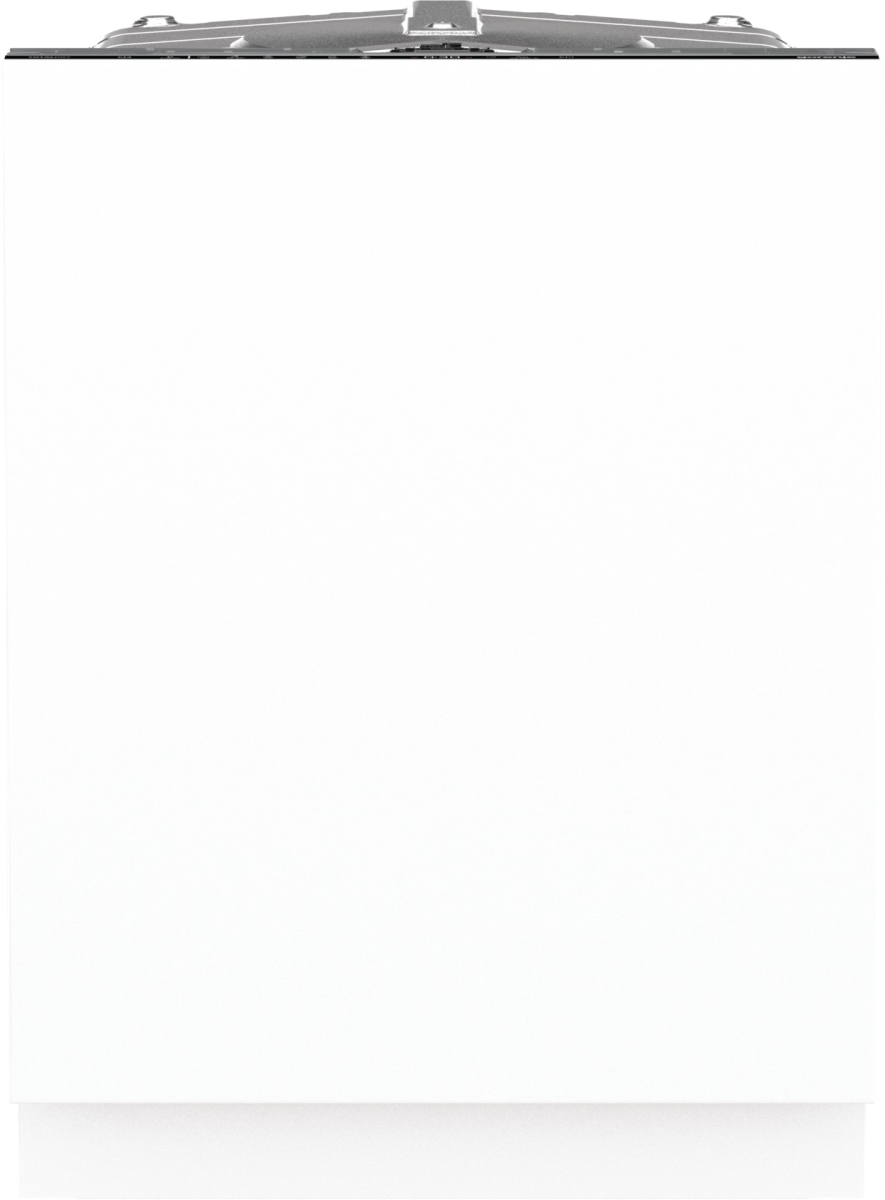 Zárt, beépített mosogatógép. Fehér külső, ezüst tetővel. Egyszerű, tiszta design.