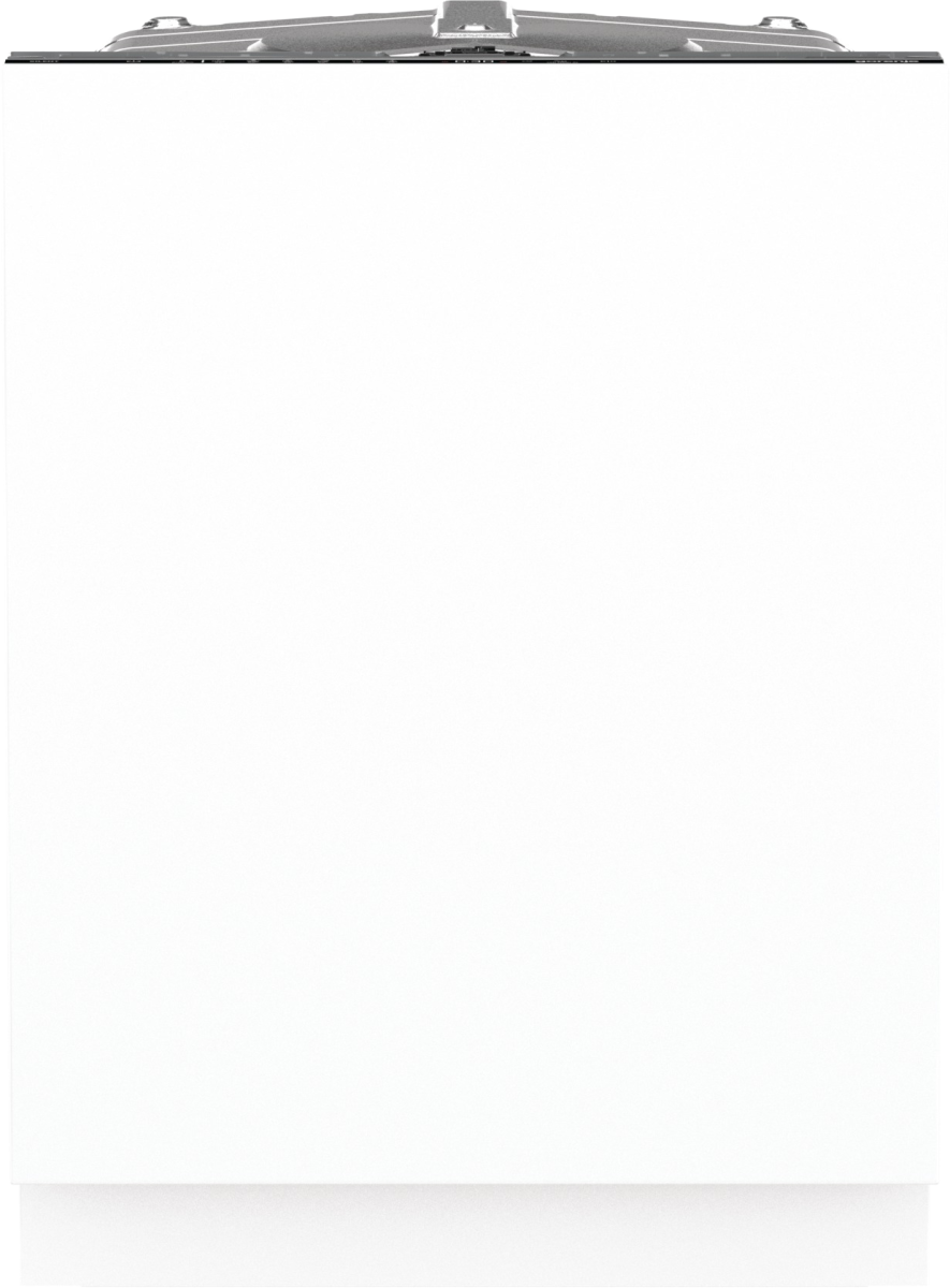 Fehér mosogatógép. Elölnézet, zárt ajtó. Felső ezüst díszítés.
