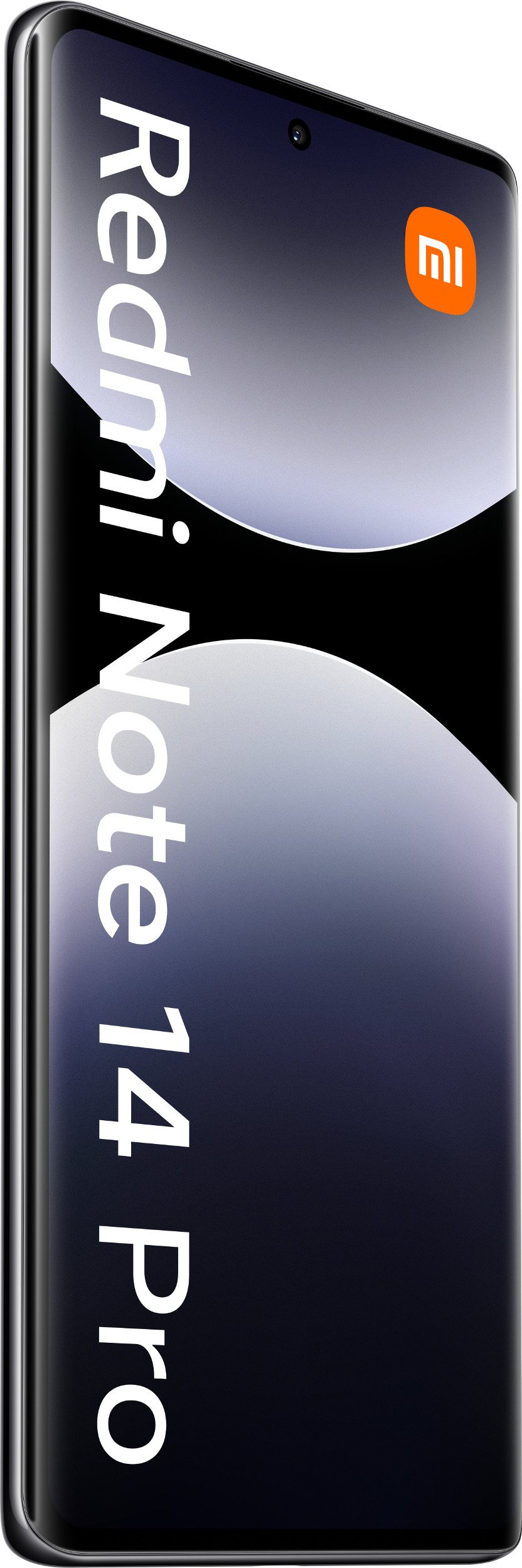 Smartfon Redmi Note 14 Pro w kolorze czarnym, widok z boku z logo i tekstem.