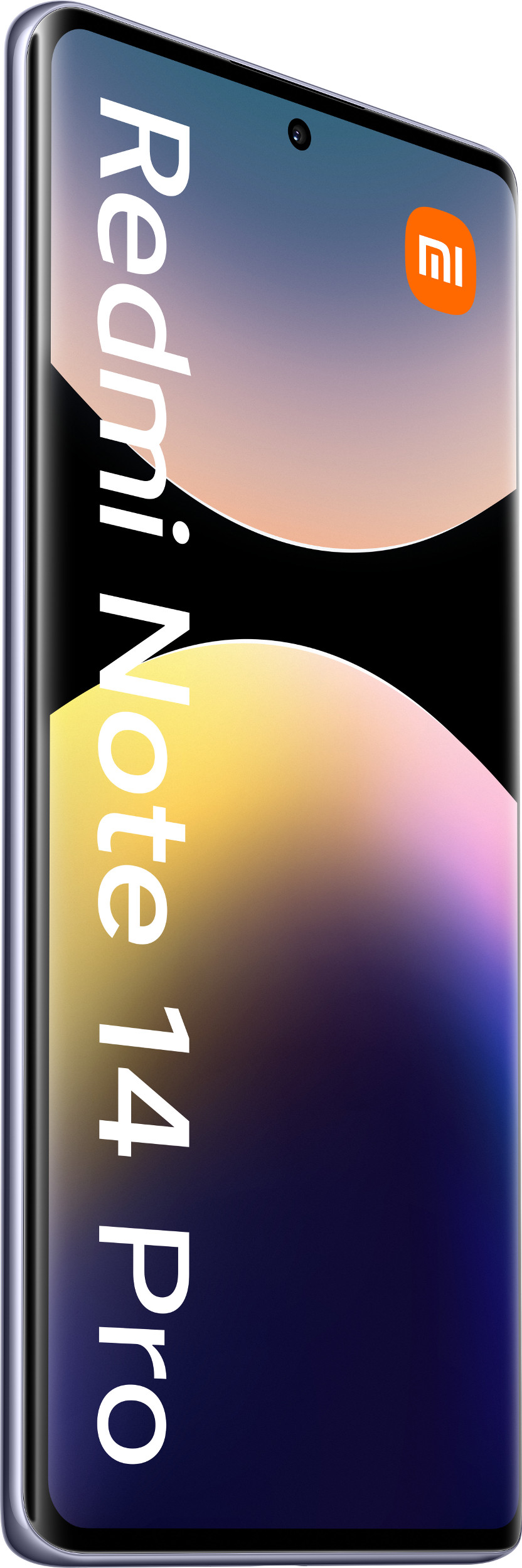 Telefon Redmi Note 14 Pro, pokazujący przód z ekranem, widok z kąta, białe tło.