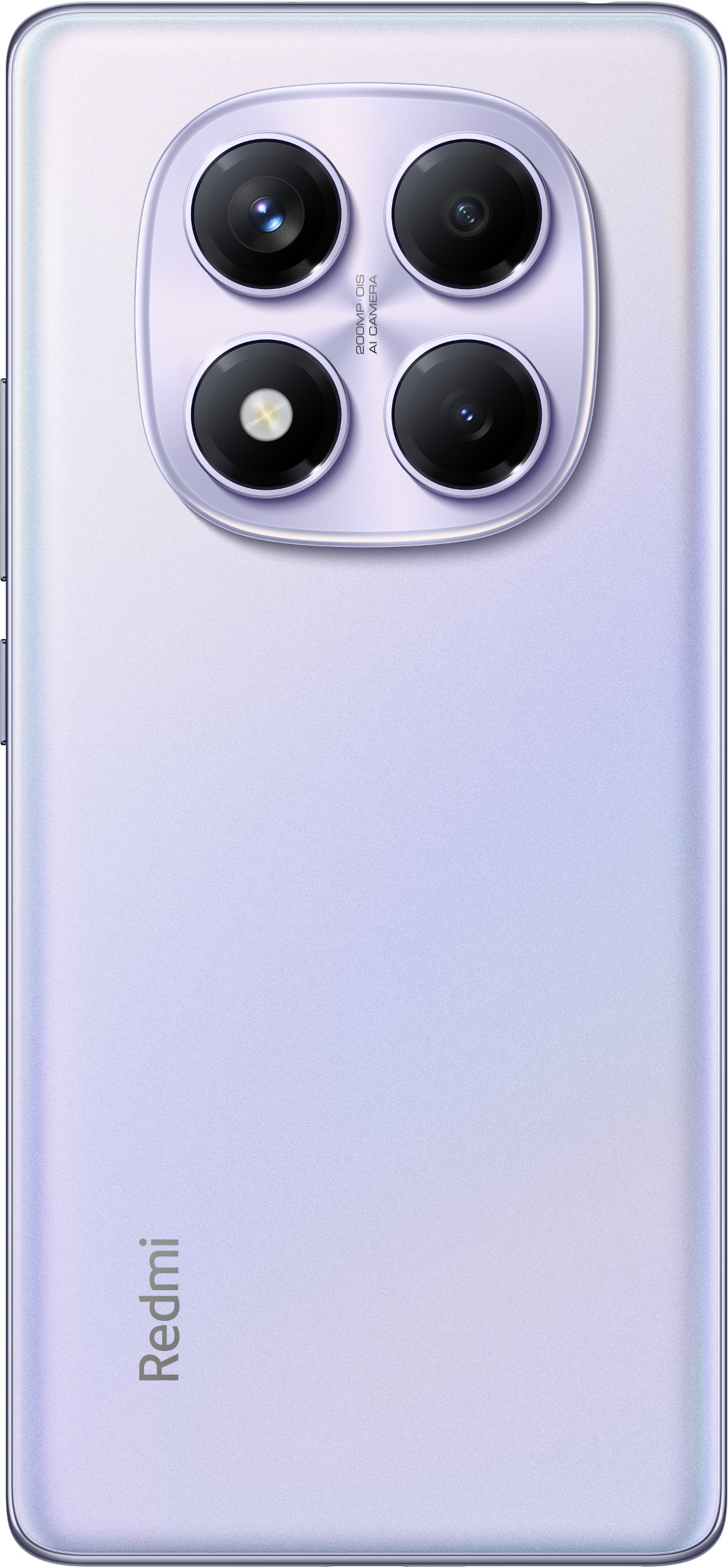 Tył liliowego telefonu Redmi z czterema obiektywami aparatu.