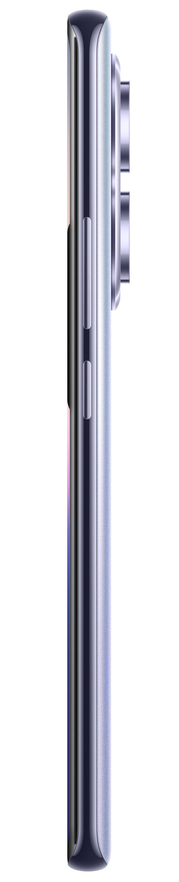 Widok z boku srebrnego smartfona. Widoczne przyciski i aparat.