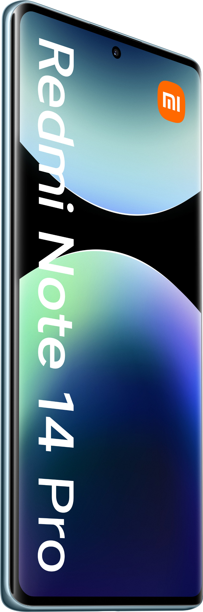 Smartfon Redmi Note 14 Pro, niebieski gradient z tyłu, widok z boku.