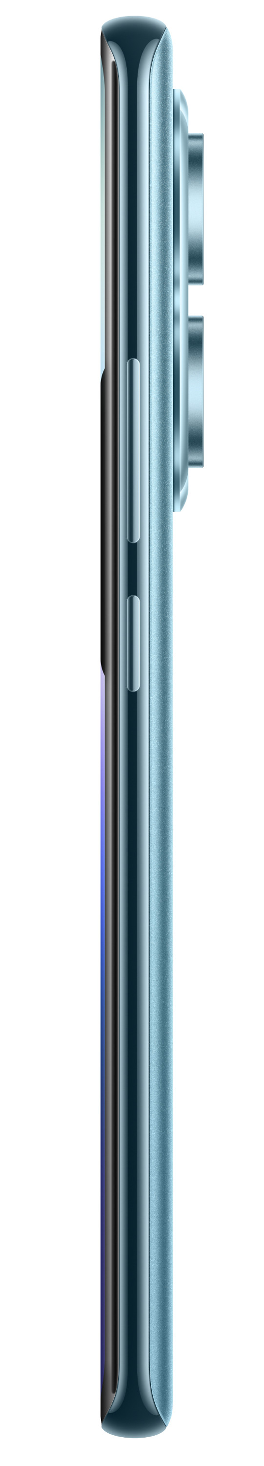 Widok z boku niebieskiego smartfona z przyciskami i obiektywami aparatu.