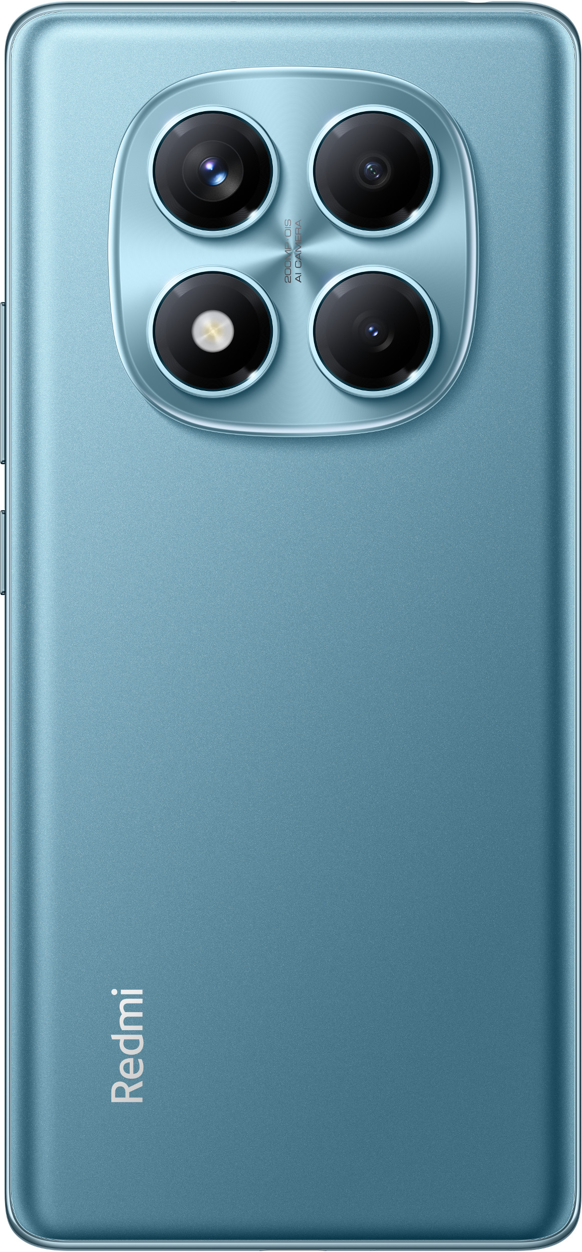 Jasnoniebieski smartfon z czterema tylnymi aparatami. Telefon ma logo Redmi. Białe tło.