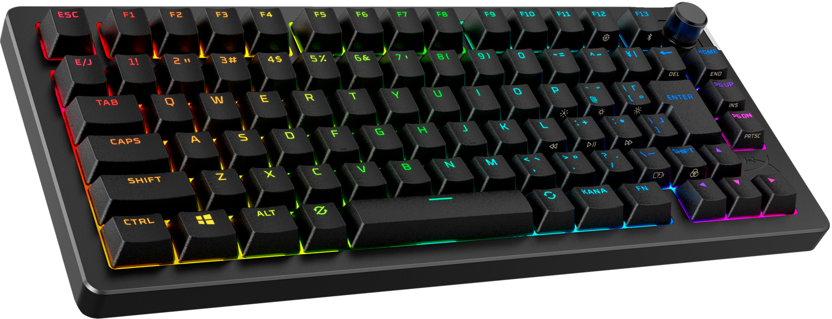 Schwarze Tastatur, RGB-Beleuchtung, mit Funktionstasten, Nahansicht.
