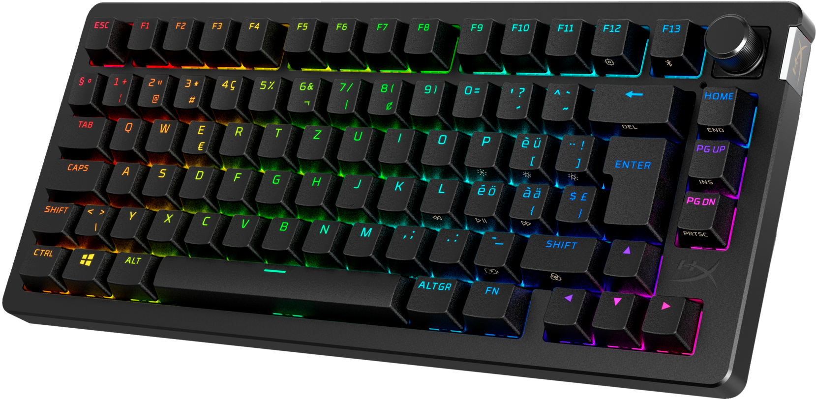 Schwarze Tastatur mit RGB-Tasten, mit HyperX-Logo unten.