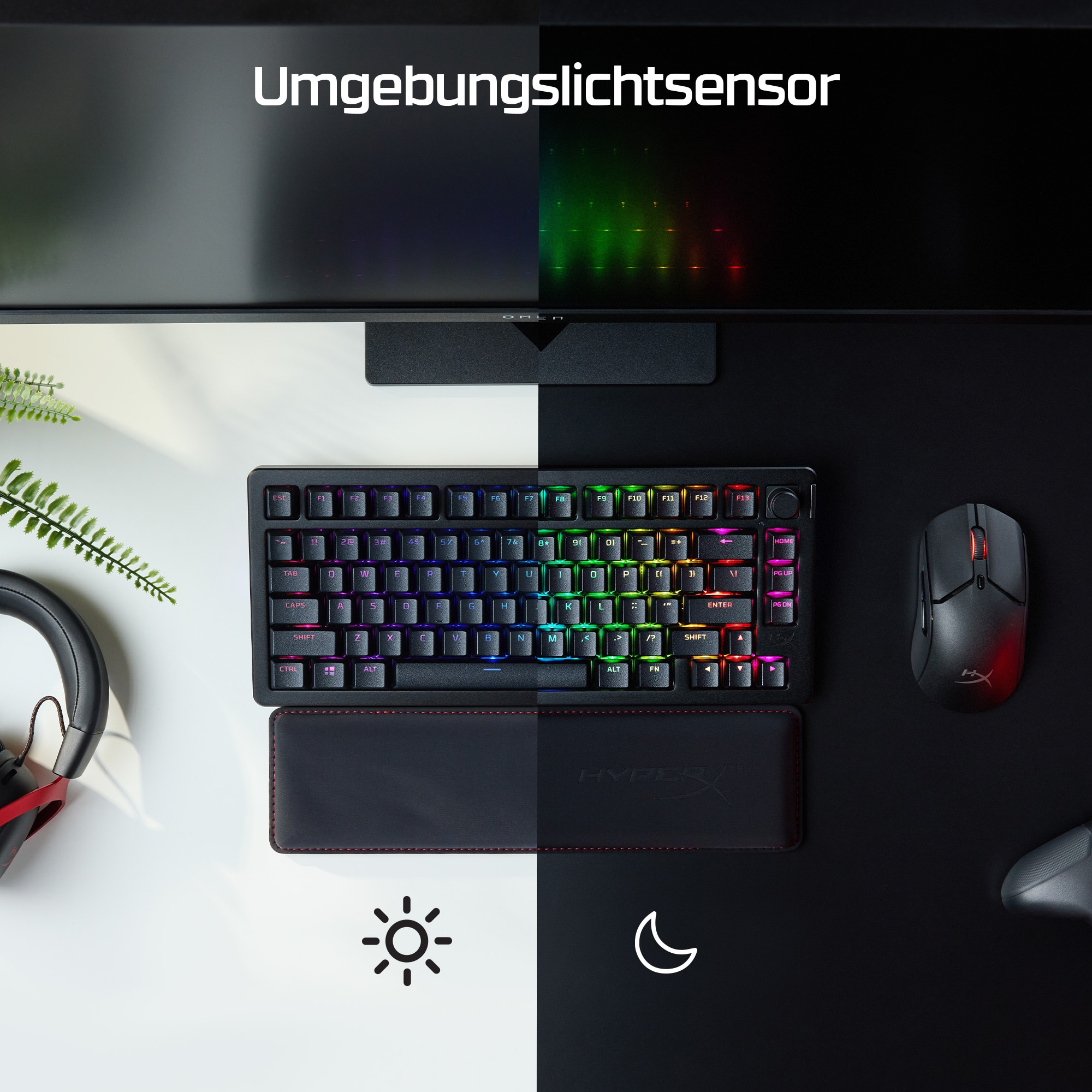 Tastatur auf einem Schreibtisch mit Monitor. Weiße und schwarze kontrastierende Hintergründe.