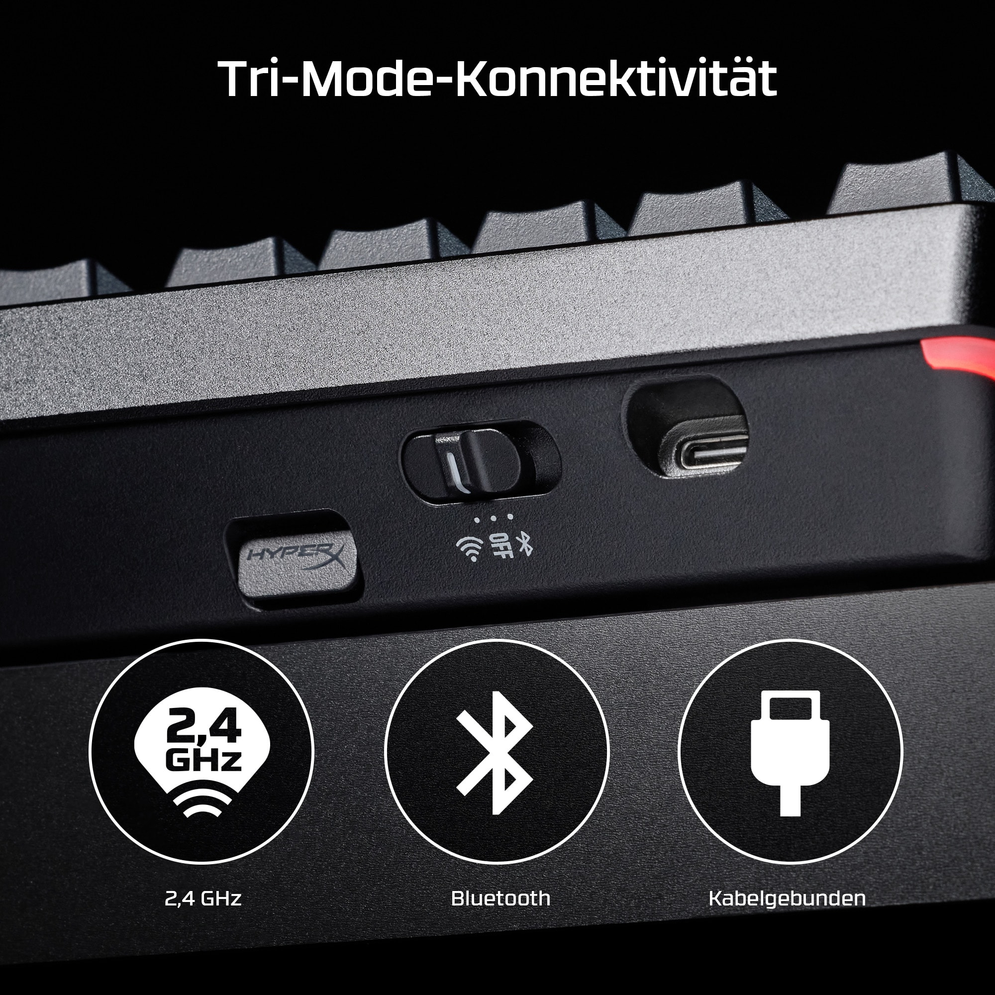 Tastatur mit Anschlussoptionen und Logos für 2,4 GHz, Bluetooth und Kabel.