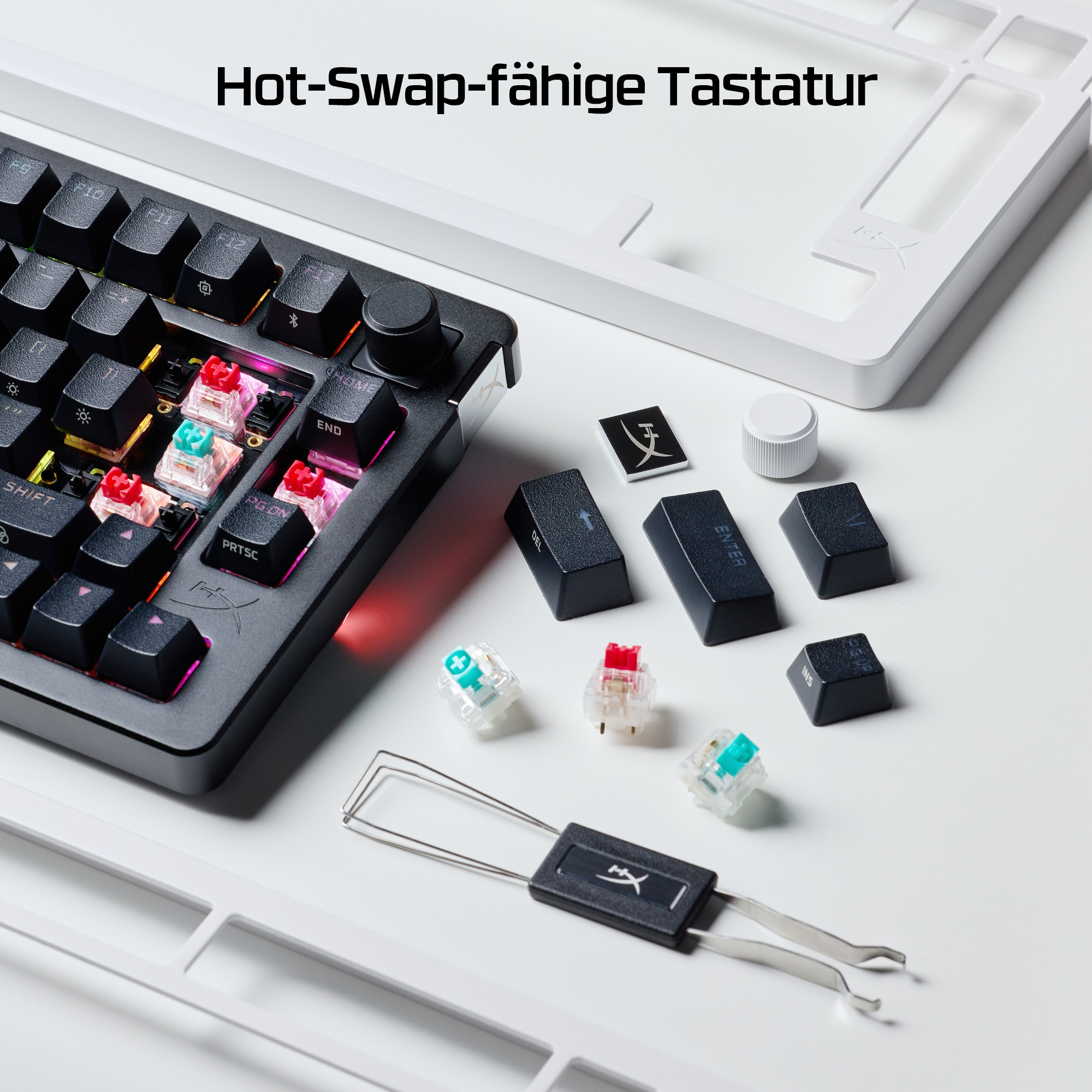 Tastaturteile mit Werkzeugen ausgelegt. Tasten, Schalter und ein Keycap-Abzieher.