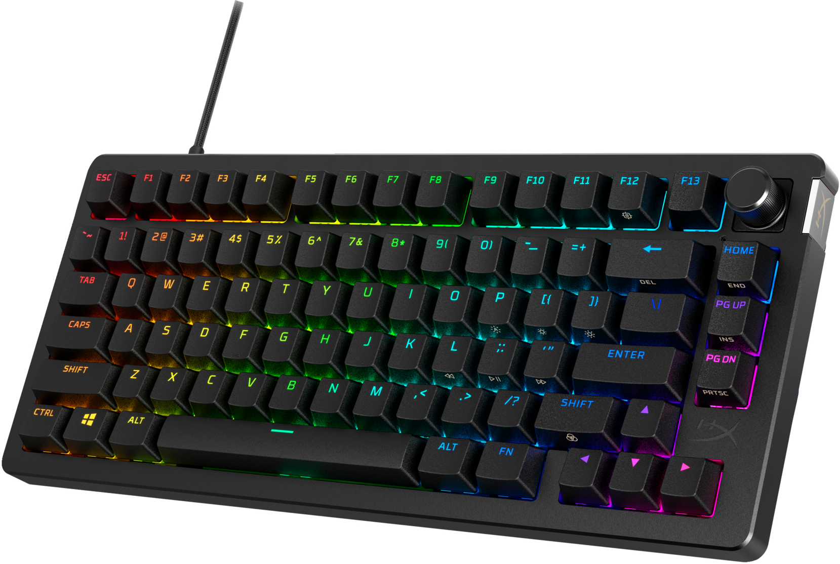 Tastiera nera con tasti color arcobaleno, che mostra l'intero layout.