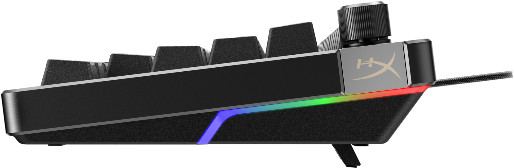 Vista laterale di una tastiera nera con una manopola, che mostra l'illuminazione RGB.