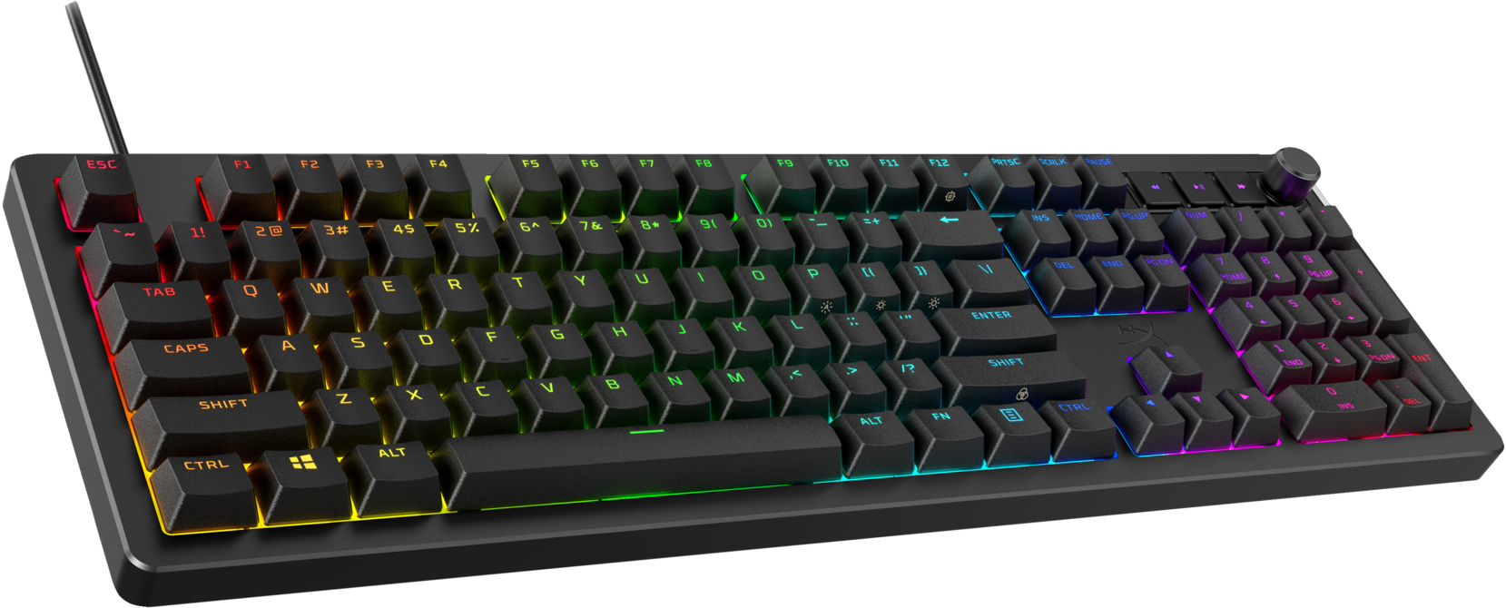 Schwarze Tastatur mit Regenbogen-Tasten. Volles Layout mit einem Knopf rechts.